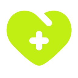A lime green heart with a black medical cross in the center.