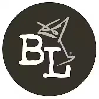 Logo with martini glass cutting letters 'B L' inside a black circle. | Bar Louie Restaurant Logo