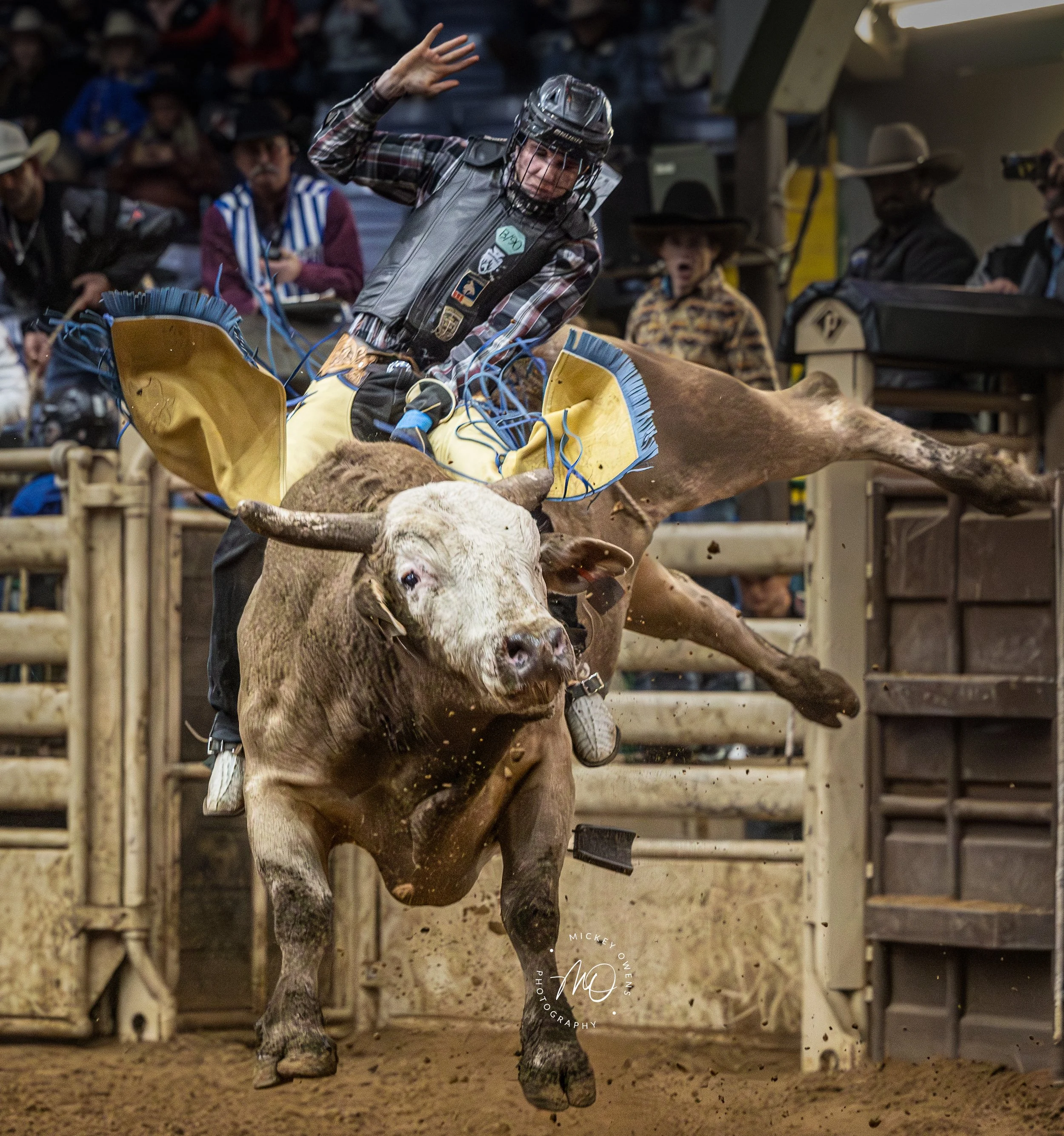 A rodeo cowboy wearing a helmet and plaid shirt riding a bucking bronco in an indoor arena with spectators in the background.