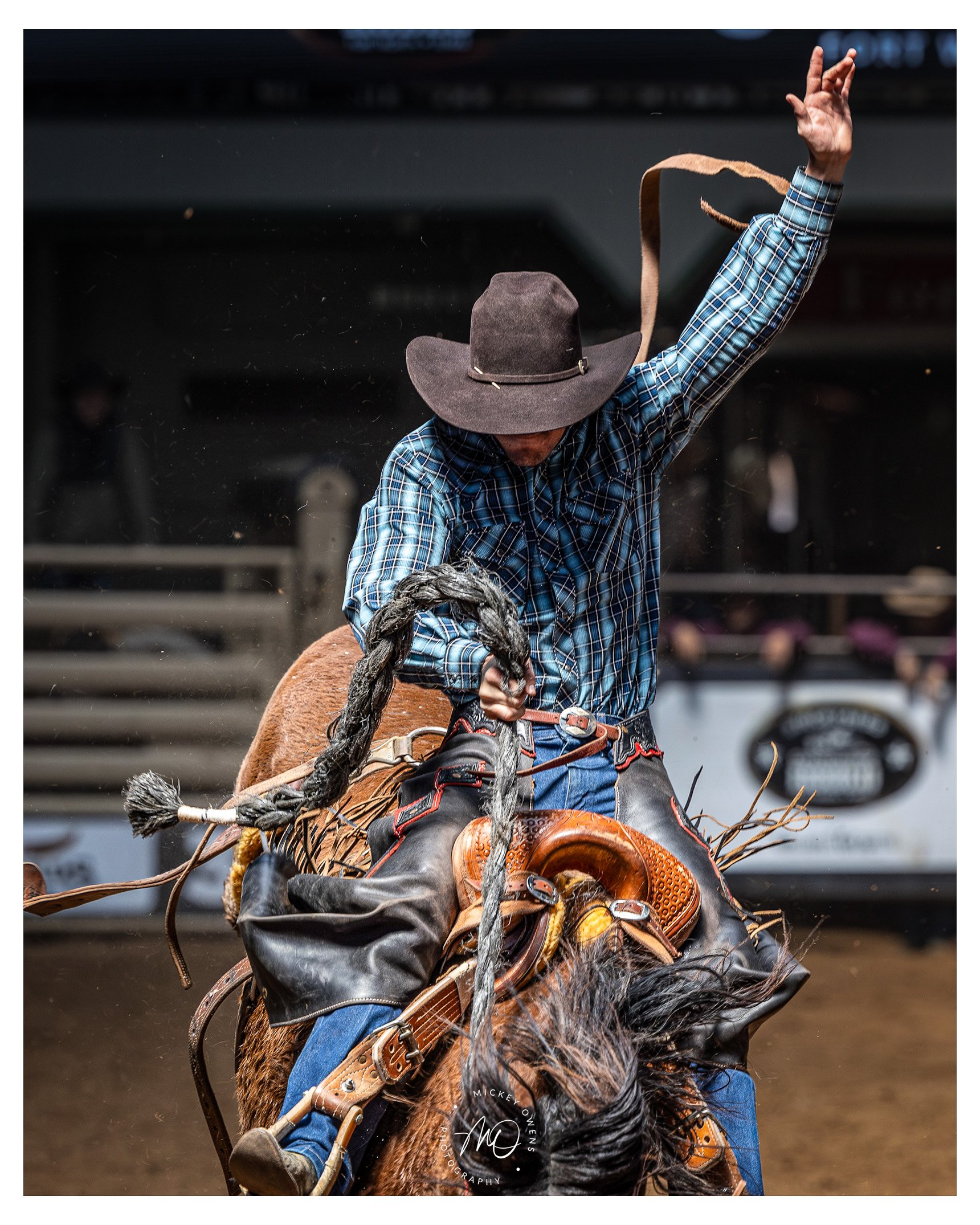 A cowboy rides a horse during a rodeo event, wearing a dark cowboy hat, plaid shirt, and jeans. He is holding the reins with one hand, and there is a logo watermark at the bottom center of the image.