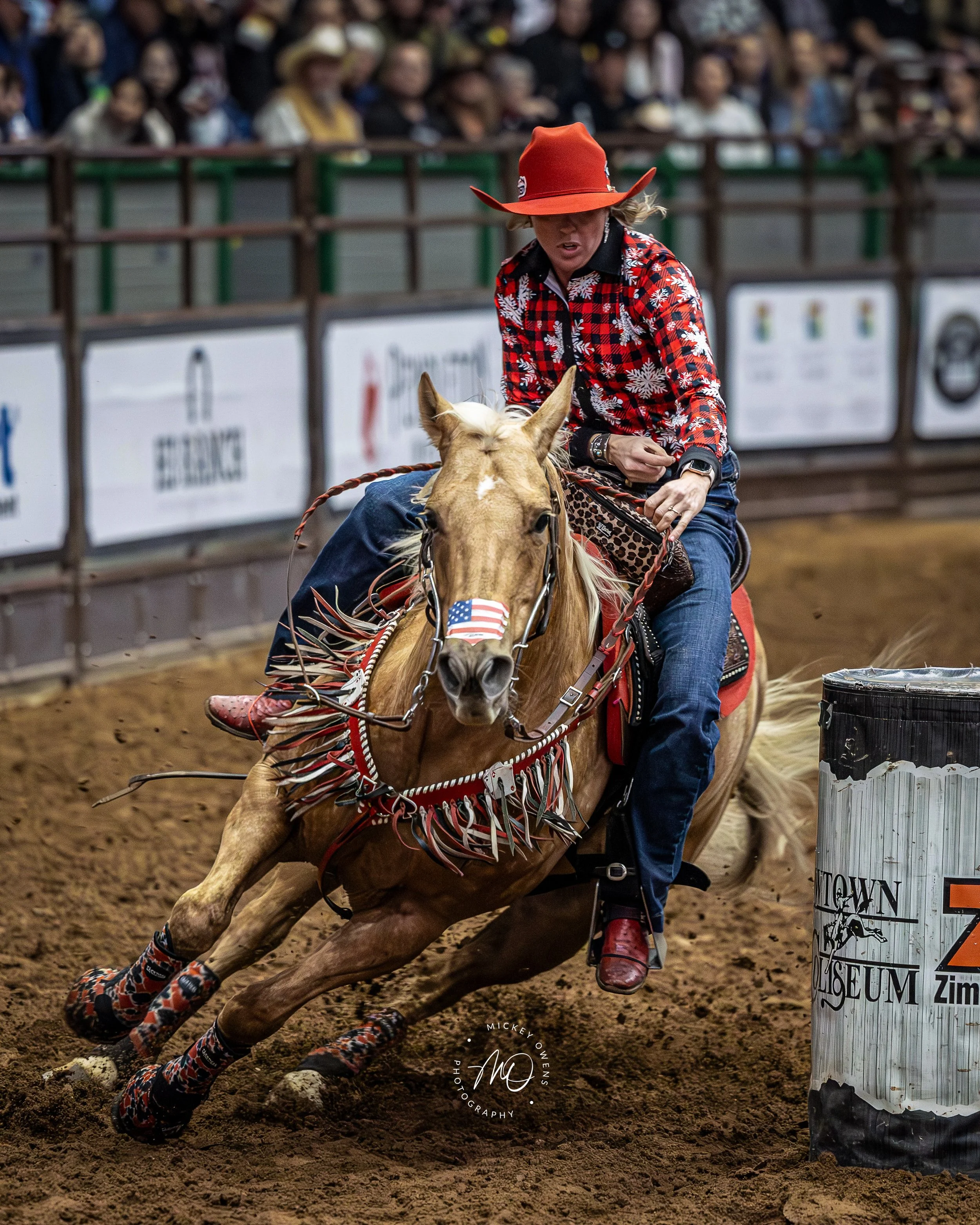 A rodeo arena with a person wearing a red hat and a floral shirt riding a bucking horse decorated with Christmas-themed gear, surrounded by spectators.