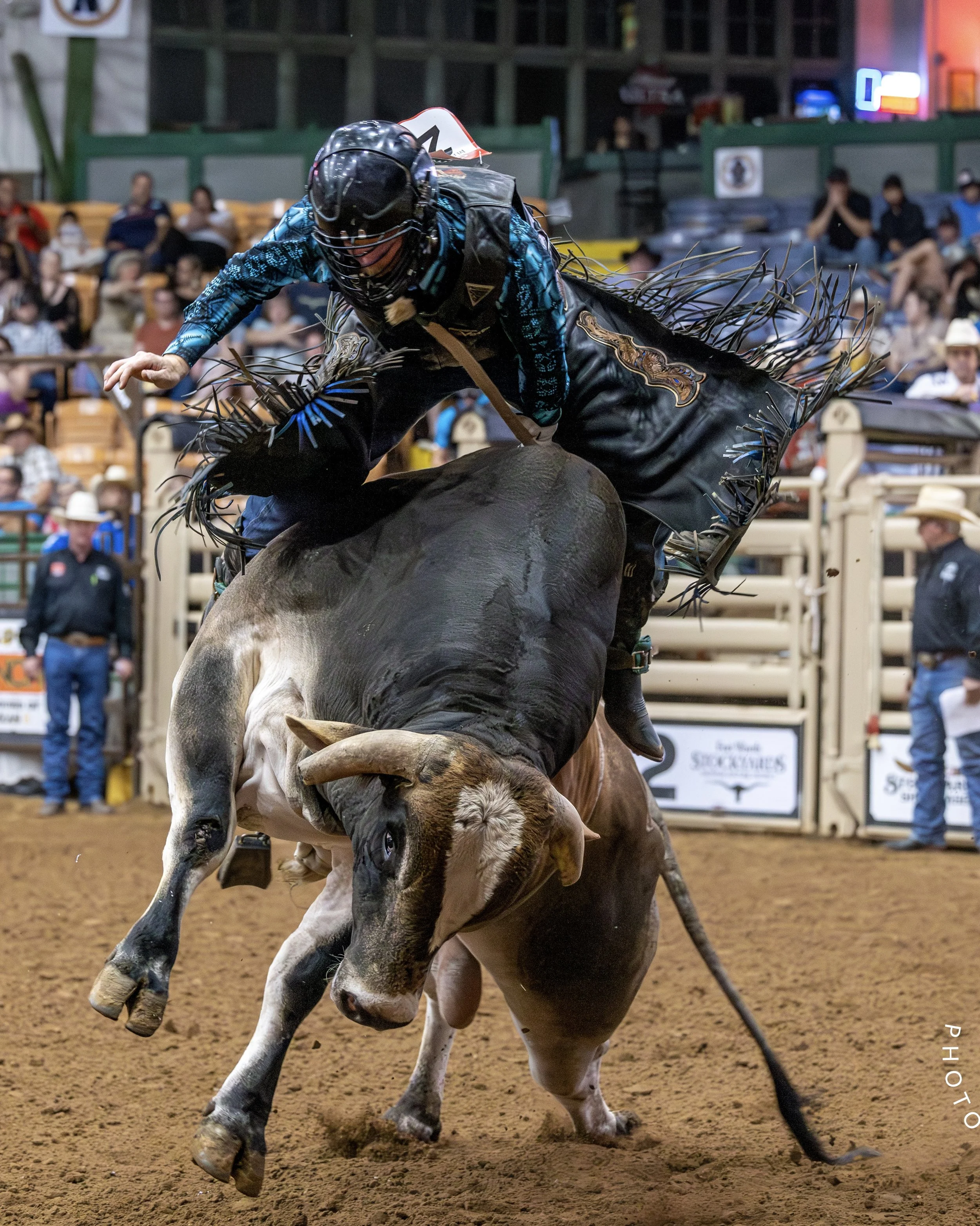 Rodeo cowboy on a bucking bull in an indoor arena with spectators watching from the stands.