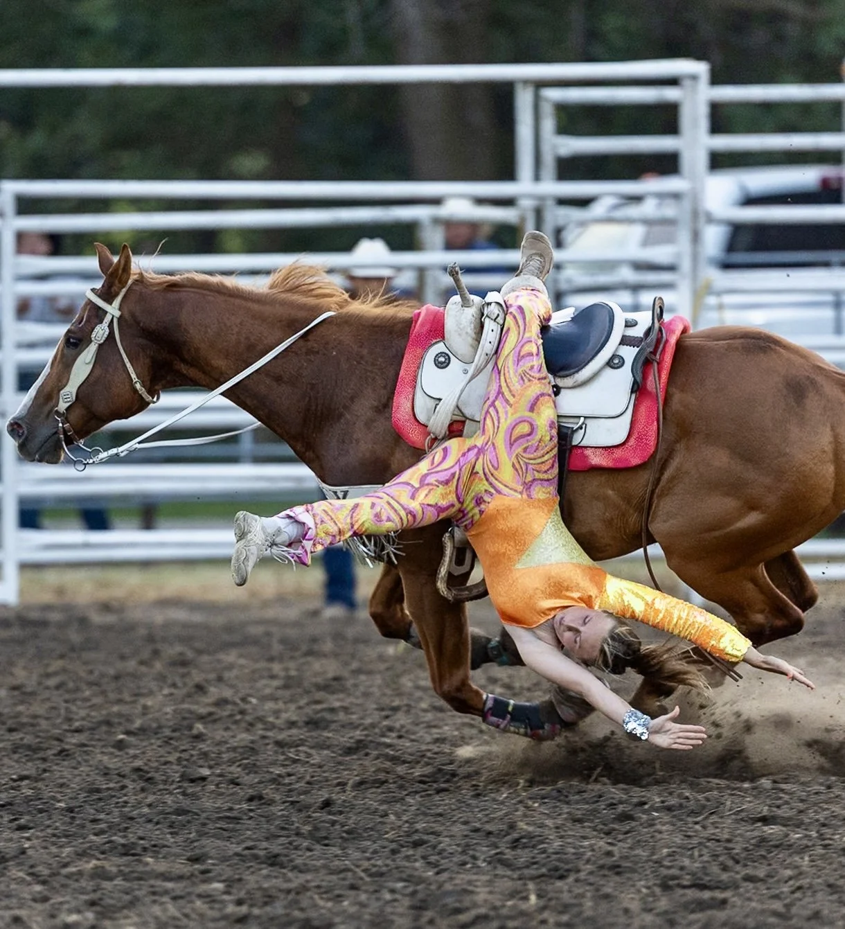 A person dressed in colorful clothing falling off a galloping horse during a rodeo event, with the person's body parallel to the ground and reaching out with their arms.