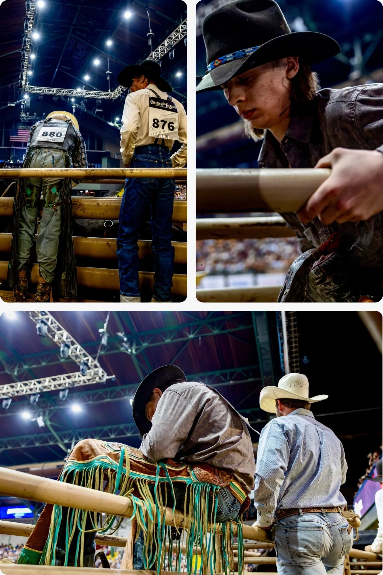 Cowboys preparing for a rodeo event inside a large indoor arena, with some adjusting their gear and another looking down at a saddle.