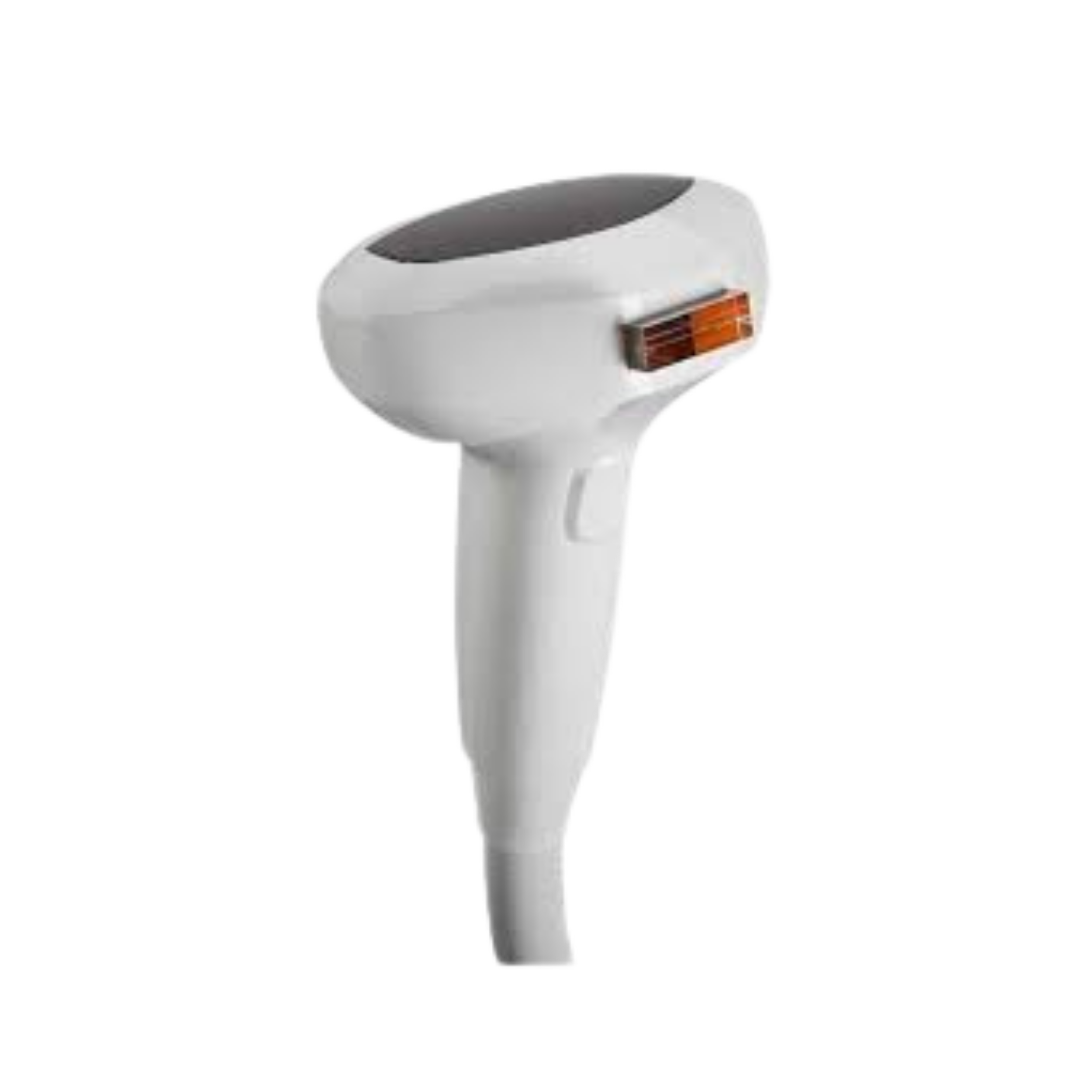 A handheld electronic device with a small screen and orange ports or slots.
