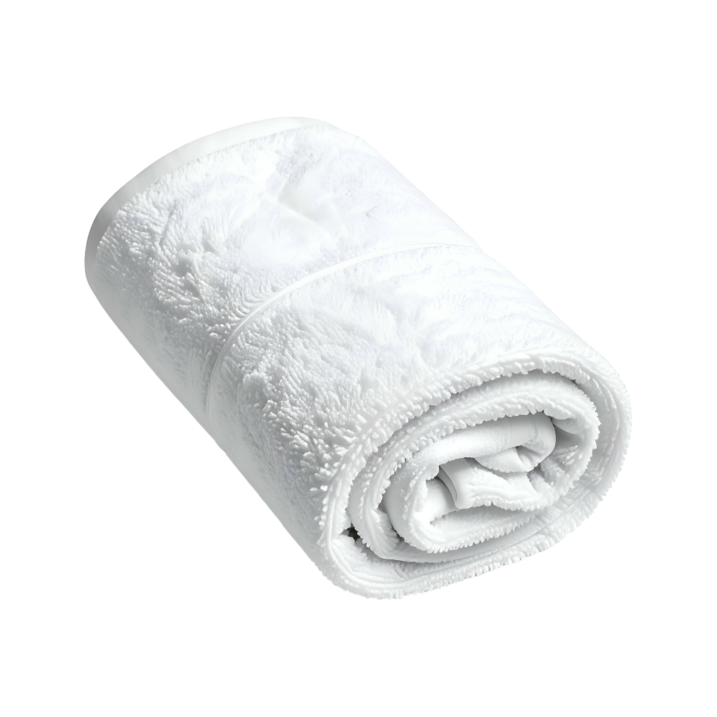 A close-up view of a rolled white towel with textured surface on a black background.