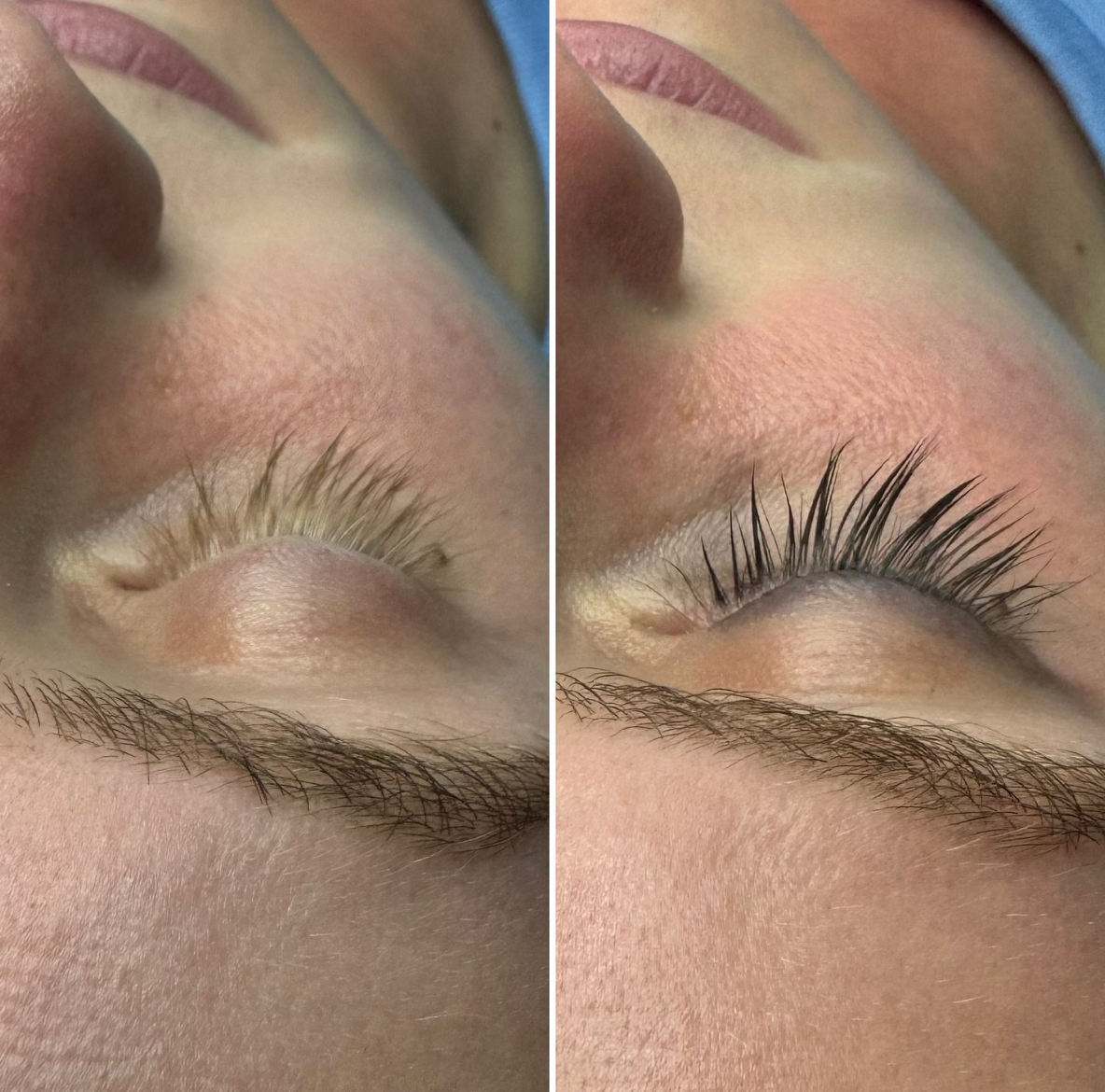 Close-up of a person's eye before and after eyelash lift. The left side shows natural, straight eyelashes, while the right side shows curled, lifted eyelashes.