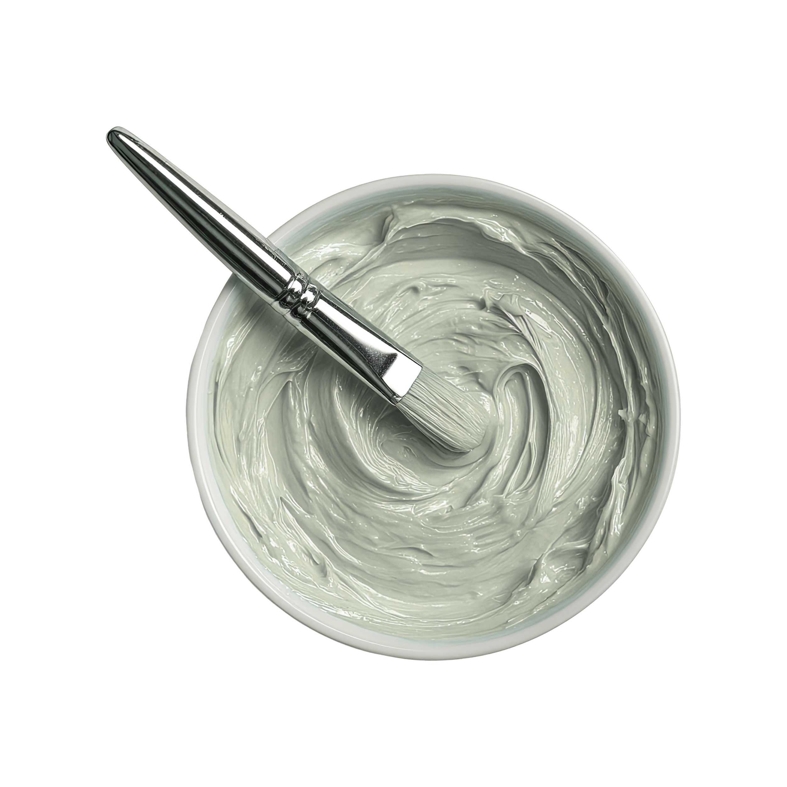 A round white bowl filled with a swirl of greenish-gray cream or yogurt, with a silver spoon resting inside.