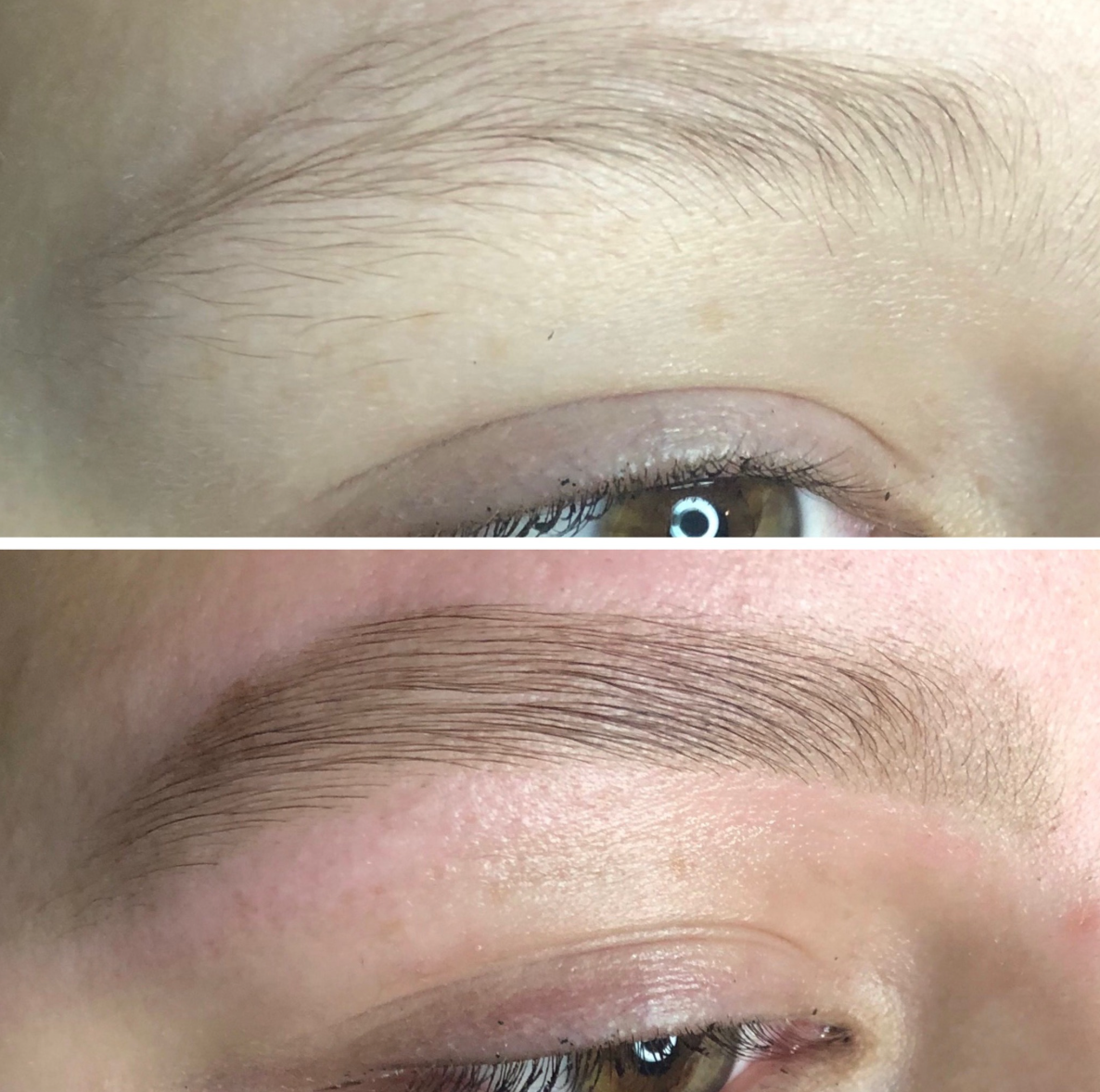 Comparison of eyebrows before and after grooming, showing improved shape and fullness.