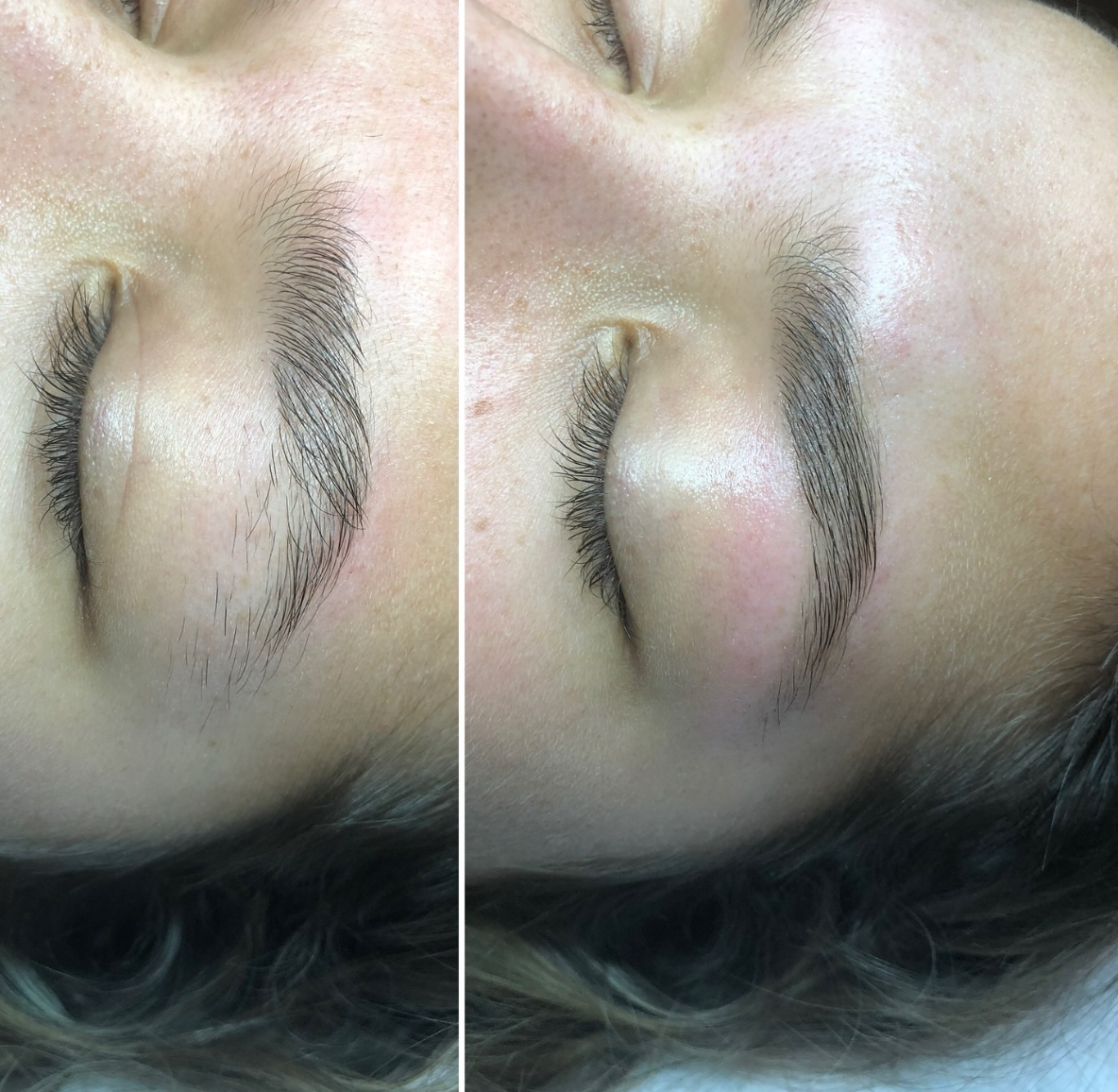 Comparison of eyelash length before and after enhancement or treatment, featuring a close-up of closed eye with natural eyelashes.