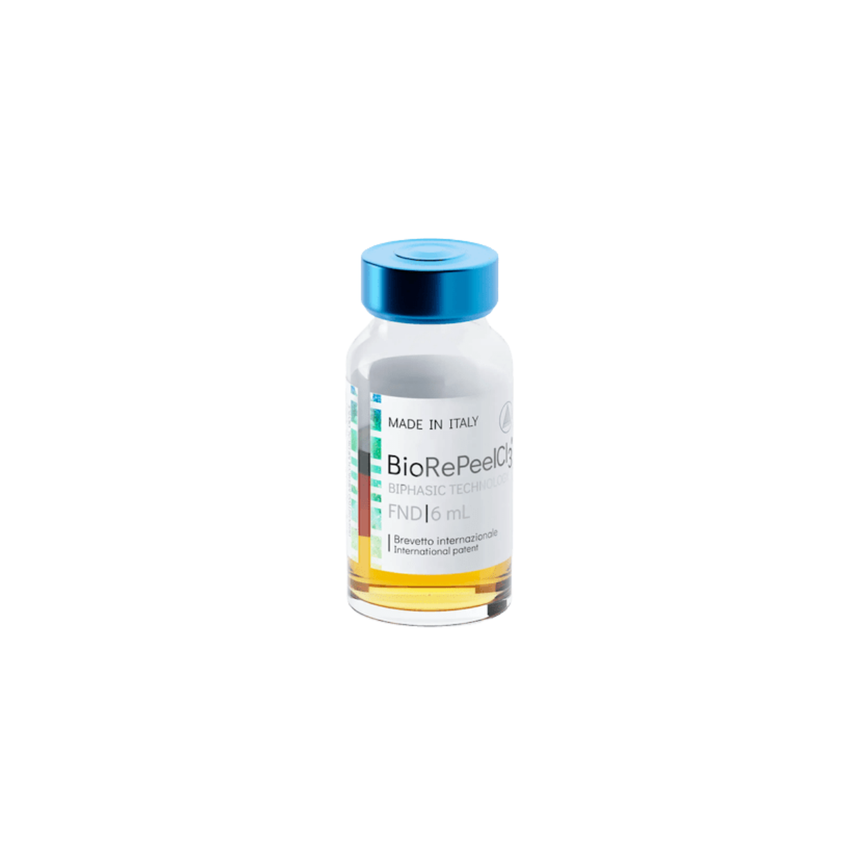 A small medication bottle labeled BioRePeelCl3 with a blue cap, containing a yellowish liquid, placed next to a partly visible blue and white box.
