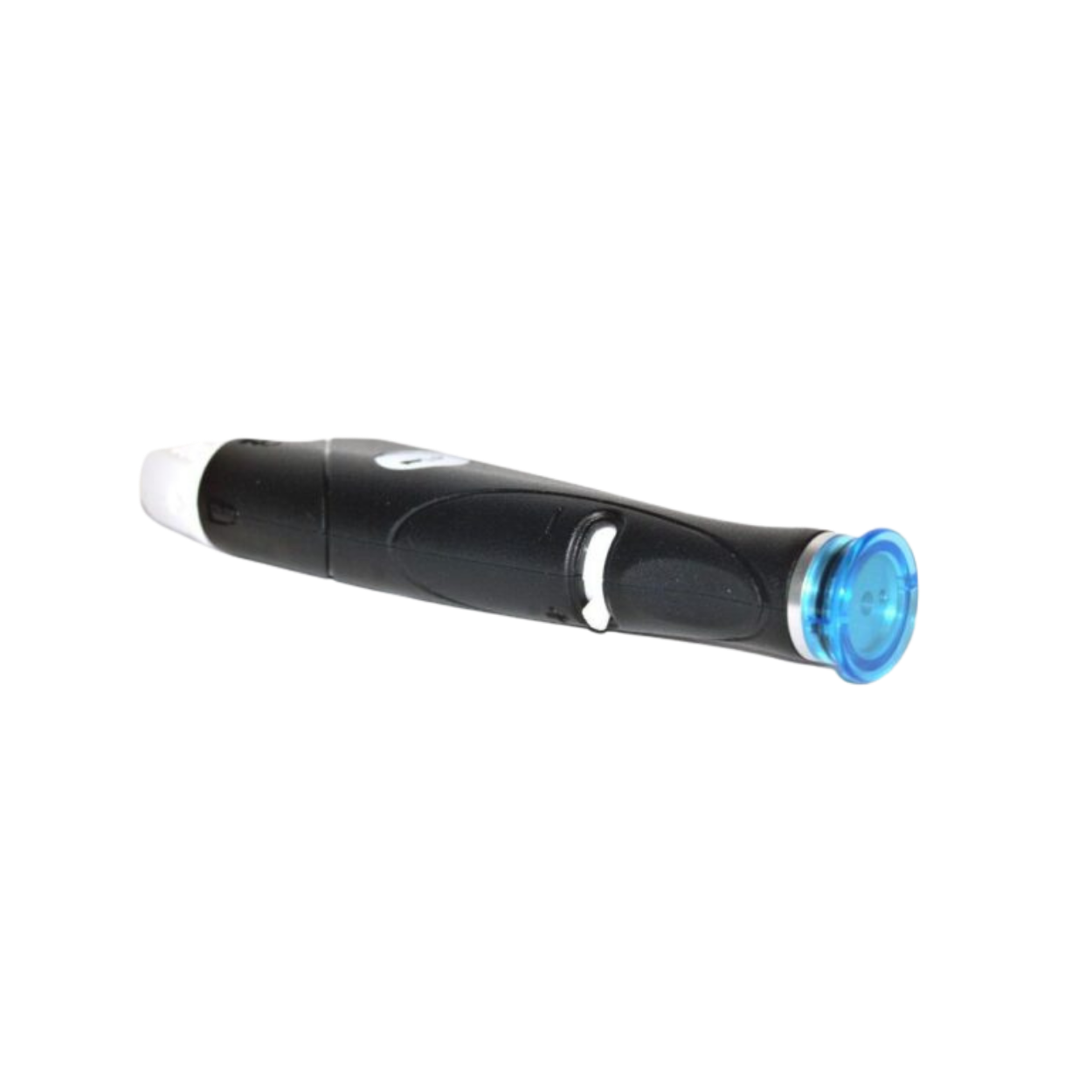 A handheld medical device with a black handle and a blue illuminated end, used for skin or hair treatments.