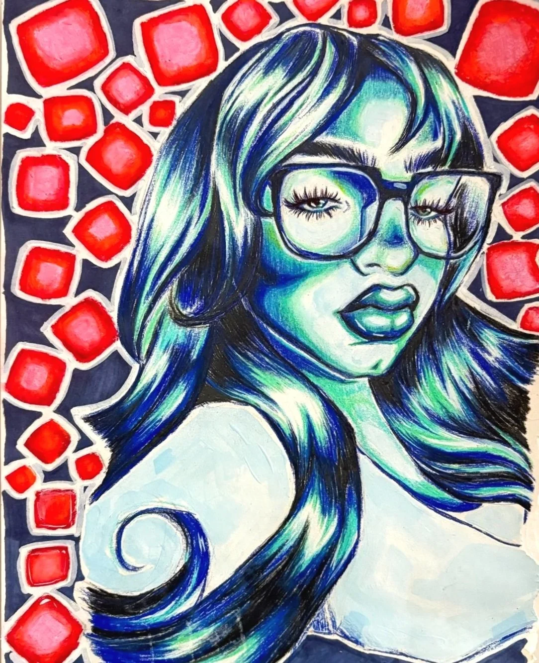 A colorful portrait of a woman with long hair wearing glasses, surrounded by a background of red geometric shapes, in a mixed media art style.