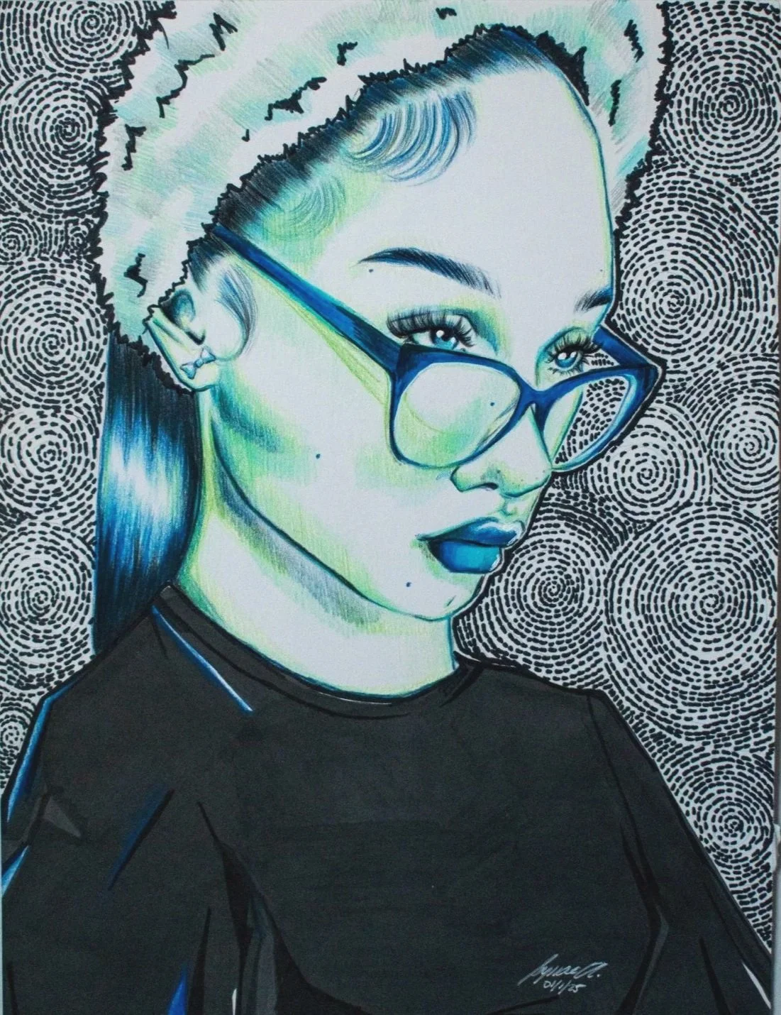 A stylized portrait painting of a woman with dark hair, wearing blue glasses, with a black shirt, set against a background of black swirls and concentric circles.