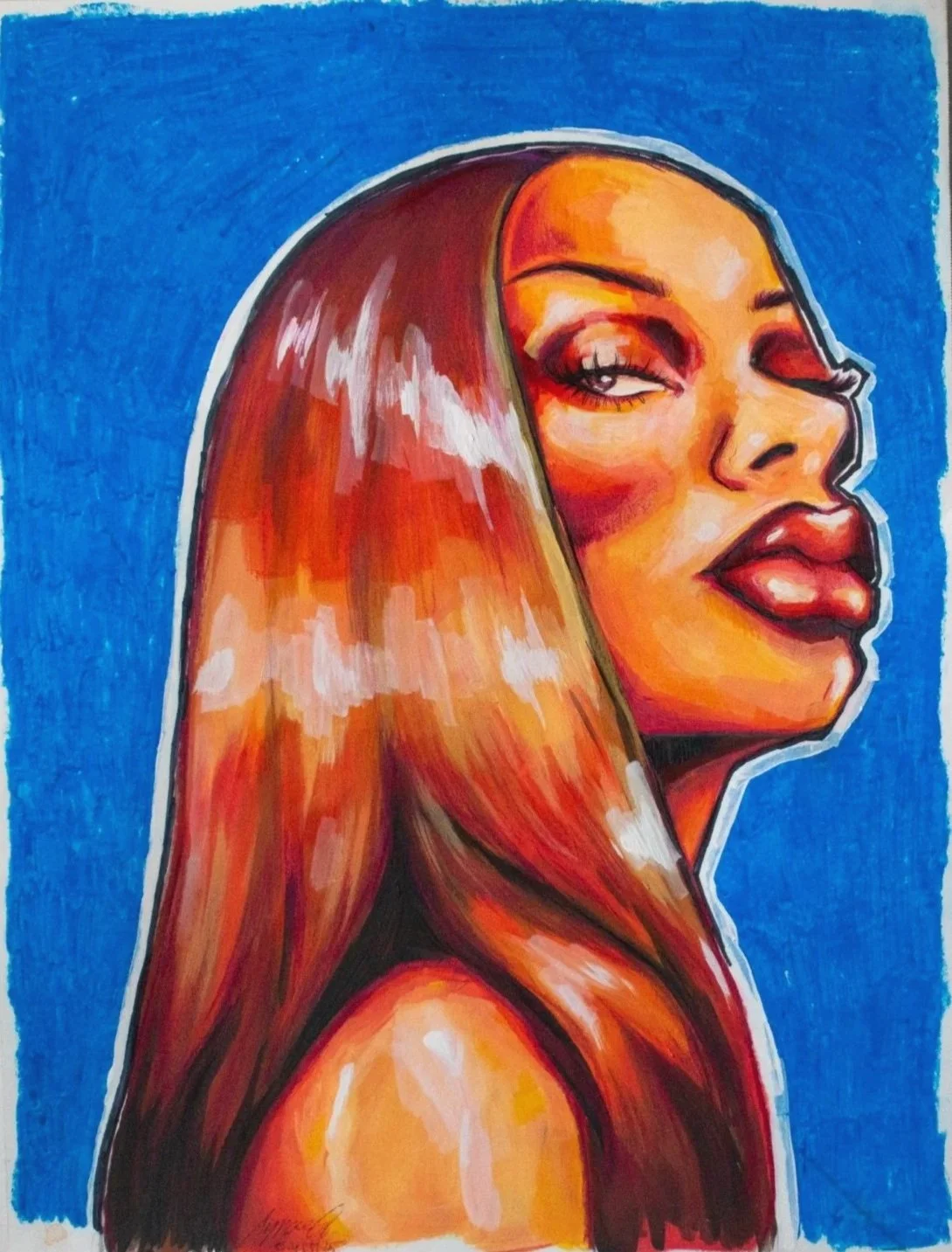 A colorful painting of a woman with long, flowing hair, looking over her shoulder with a confident expression, set against a vibrant blue background.