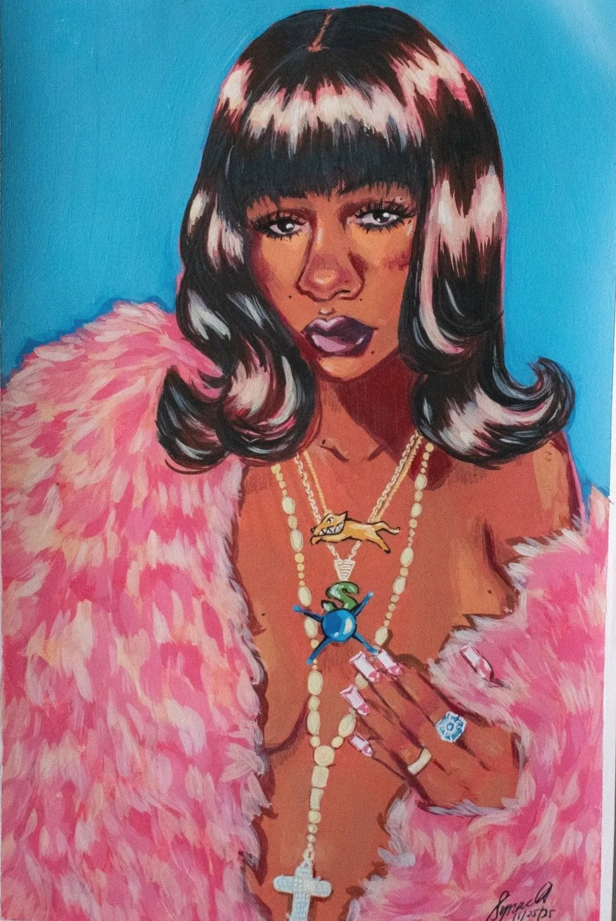 A portrait of a woman with dark and pinkish hair, wearing a pink fur coat and multiple jewelry necklaces, some with colorful charms, against a blue background.