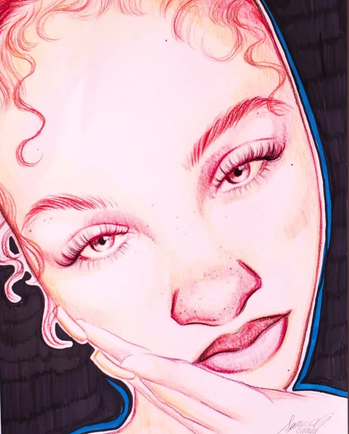 A colored portrait of a woman with curly hair and intense eyes, giving a playful finger point gesture near her face.