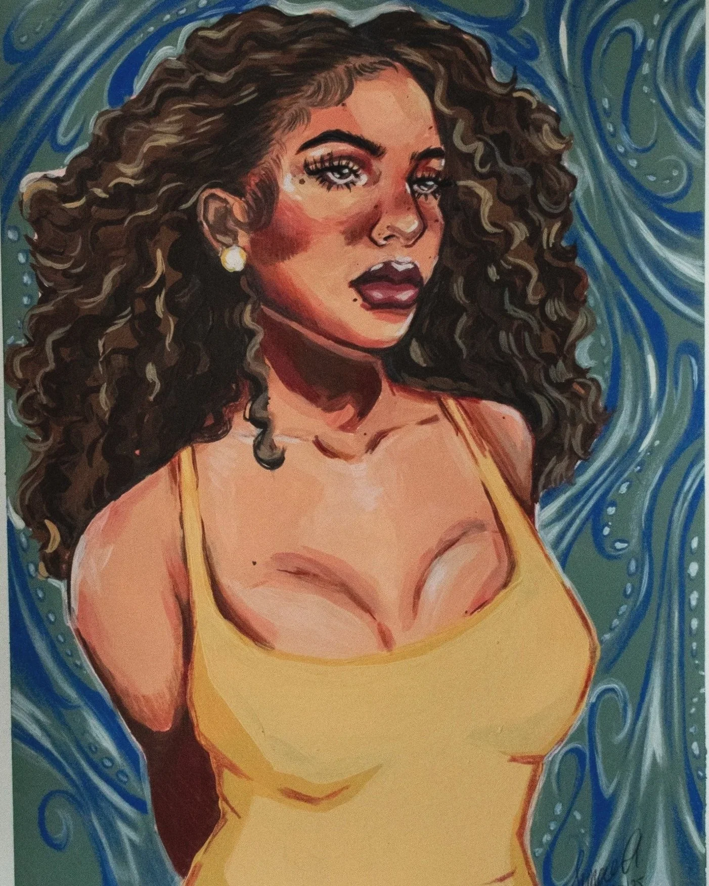 Painting of a woman with dark curly hair, light skin, wearing a yellow top, set against a blue swirled background.