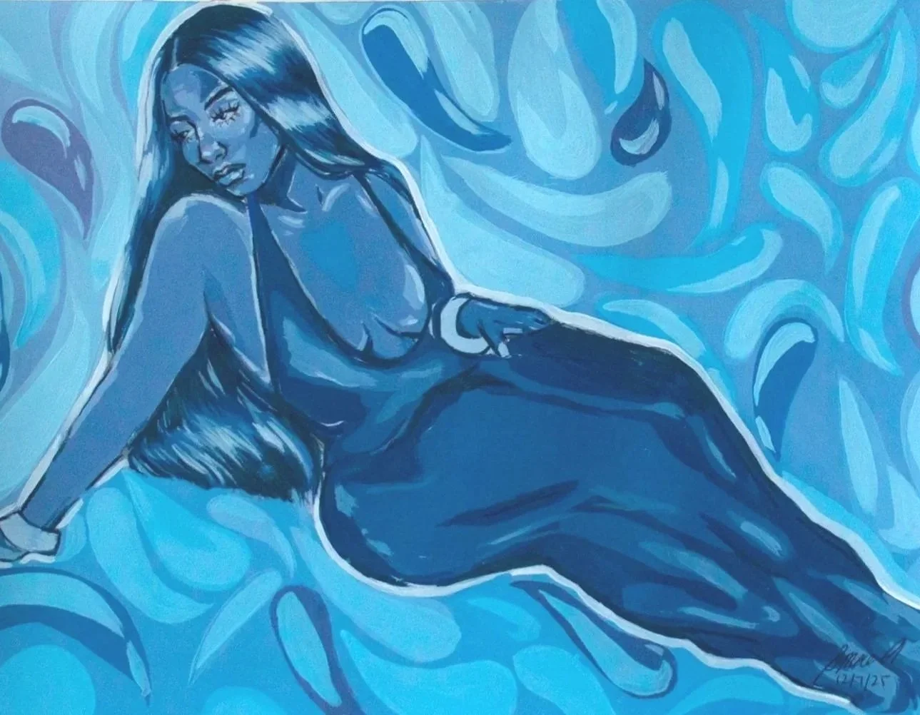 Blue-toned painting of a woman with long hair, reclining on a swirling abstract background.