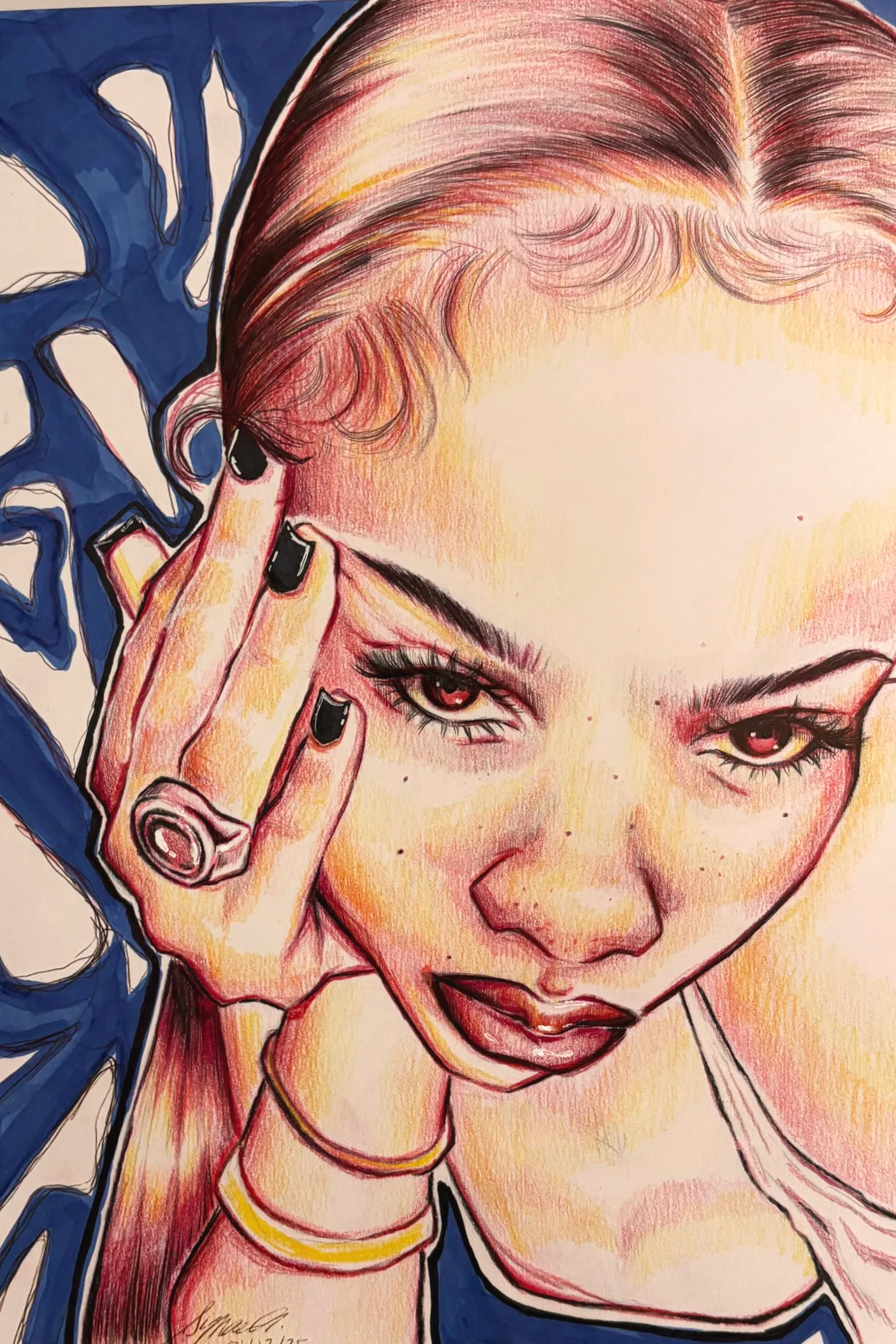 Colorful pop art portrait of a woman with red lipstick, dark eyes, and hair styled back, holding her fingers to her temple with nails painted black and wearing gold jewelry, set against a blue background.