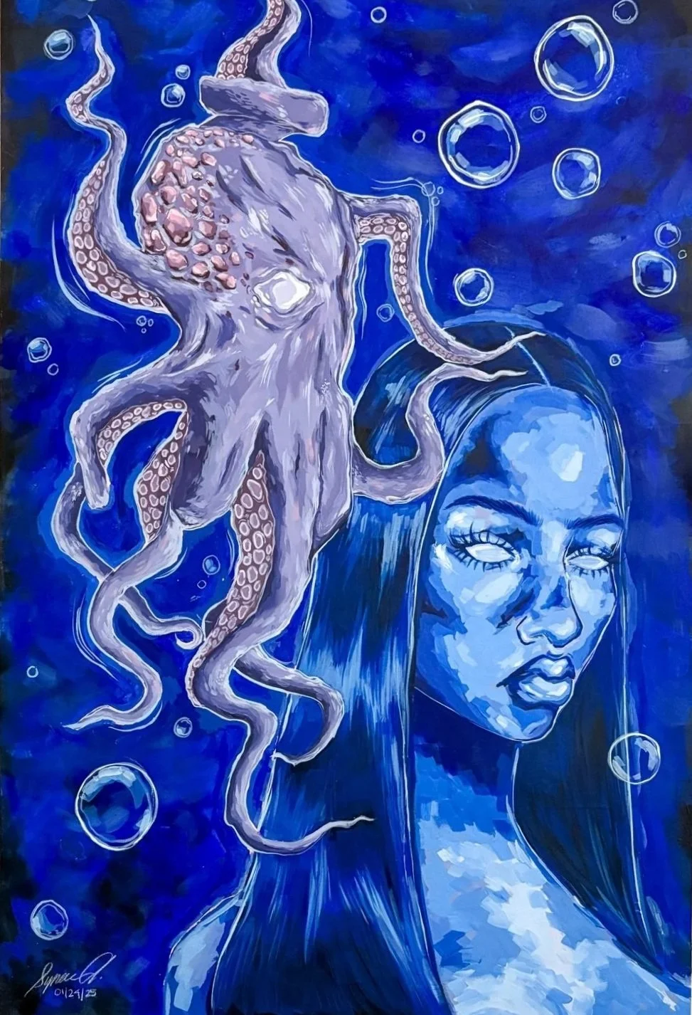 A painting of a woman with long dark hair and closed eyes, and an octopus with pink and purple tones among bubbles in a blue underwater scene.