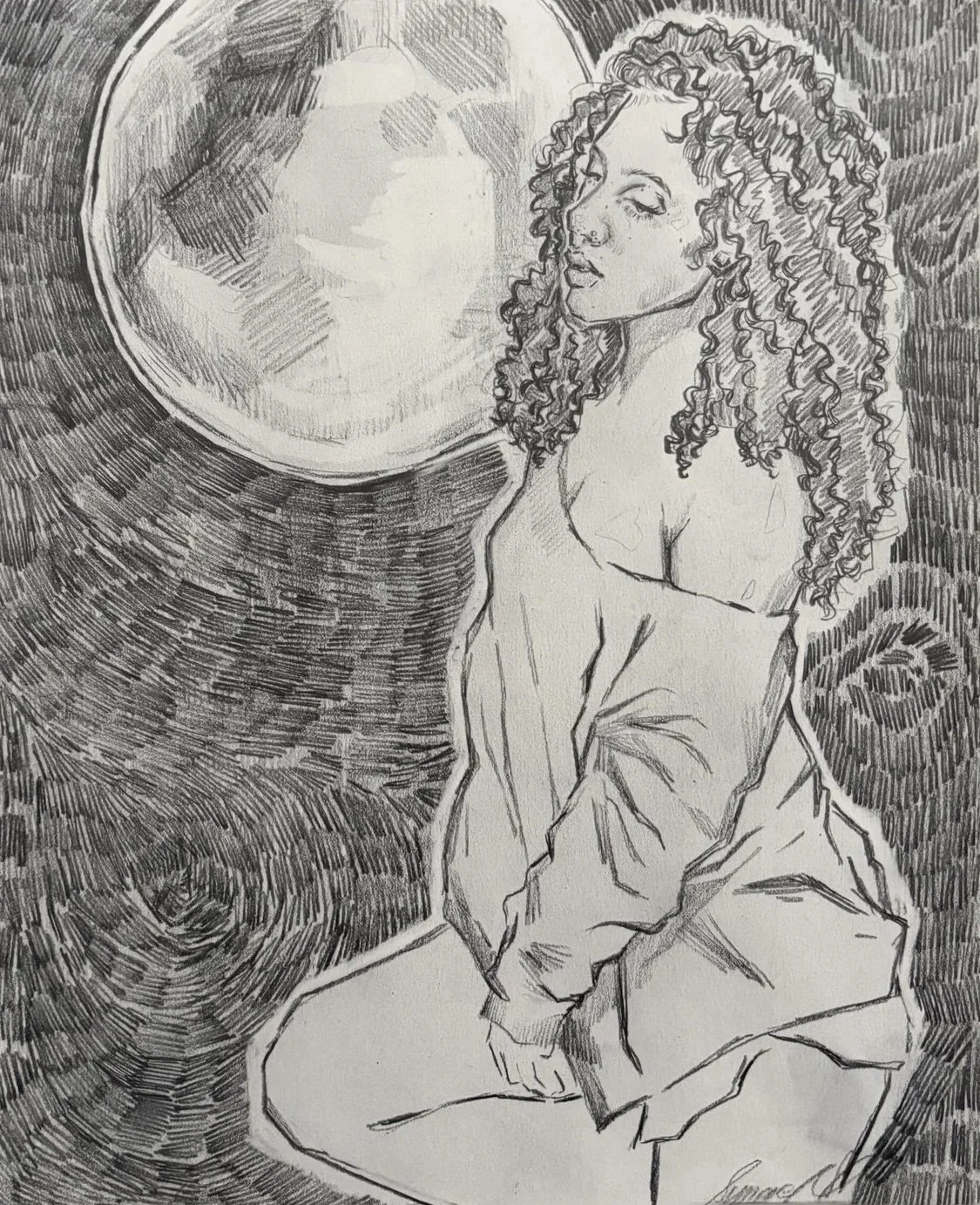A black and white sketch of a woman with long, curly hair sitting with her knees up and her eyes closed, near a large, reflective circular mirror.