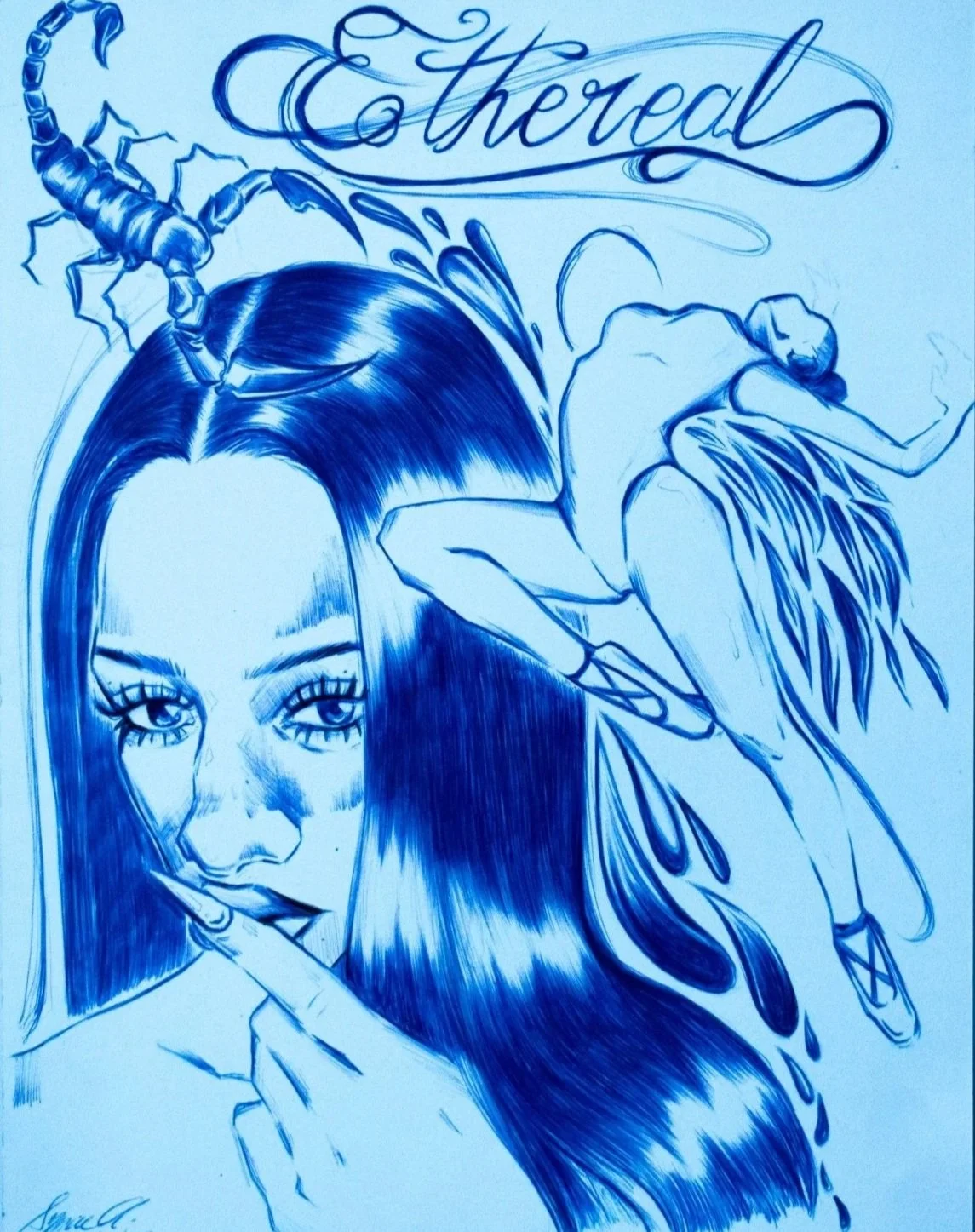 Blue ink drawing of a woman with long hair, touching her lips with her index finger, with the word 'Thereal' written above her head. There is a stylized scorpion and a fairy-like figure beside her.