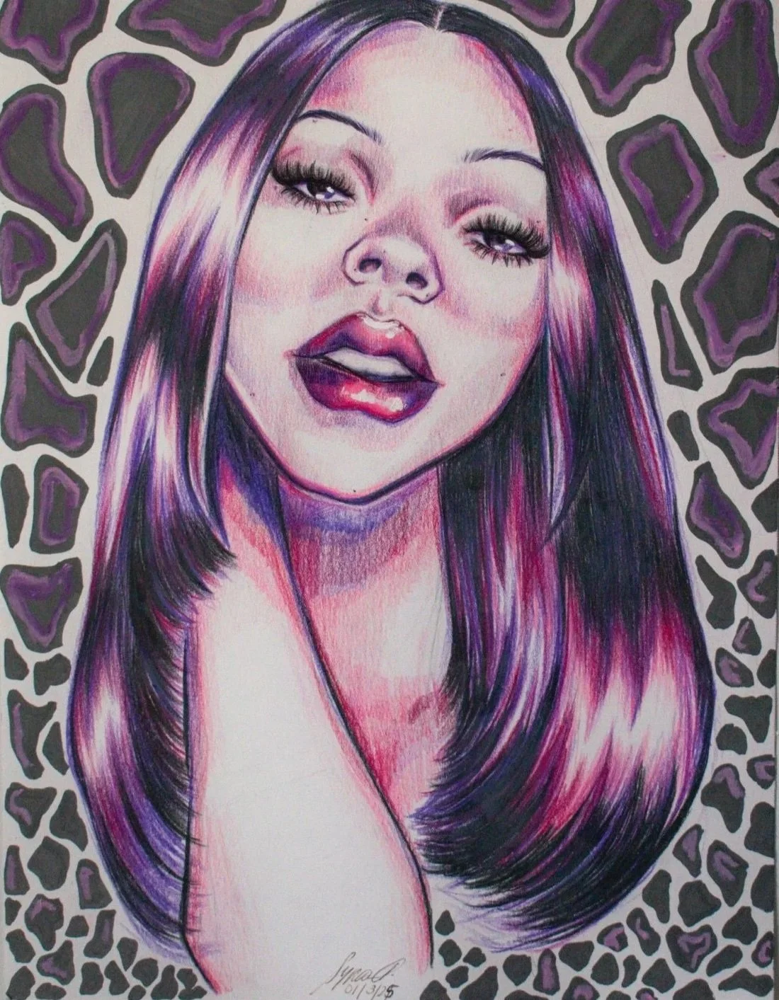 A colorful illustration of a young woman with long purple and pink hair, wearing makeup including lipstick and eyeshadow, with a background of leopard print pattern.