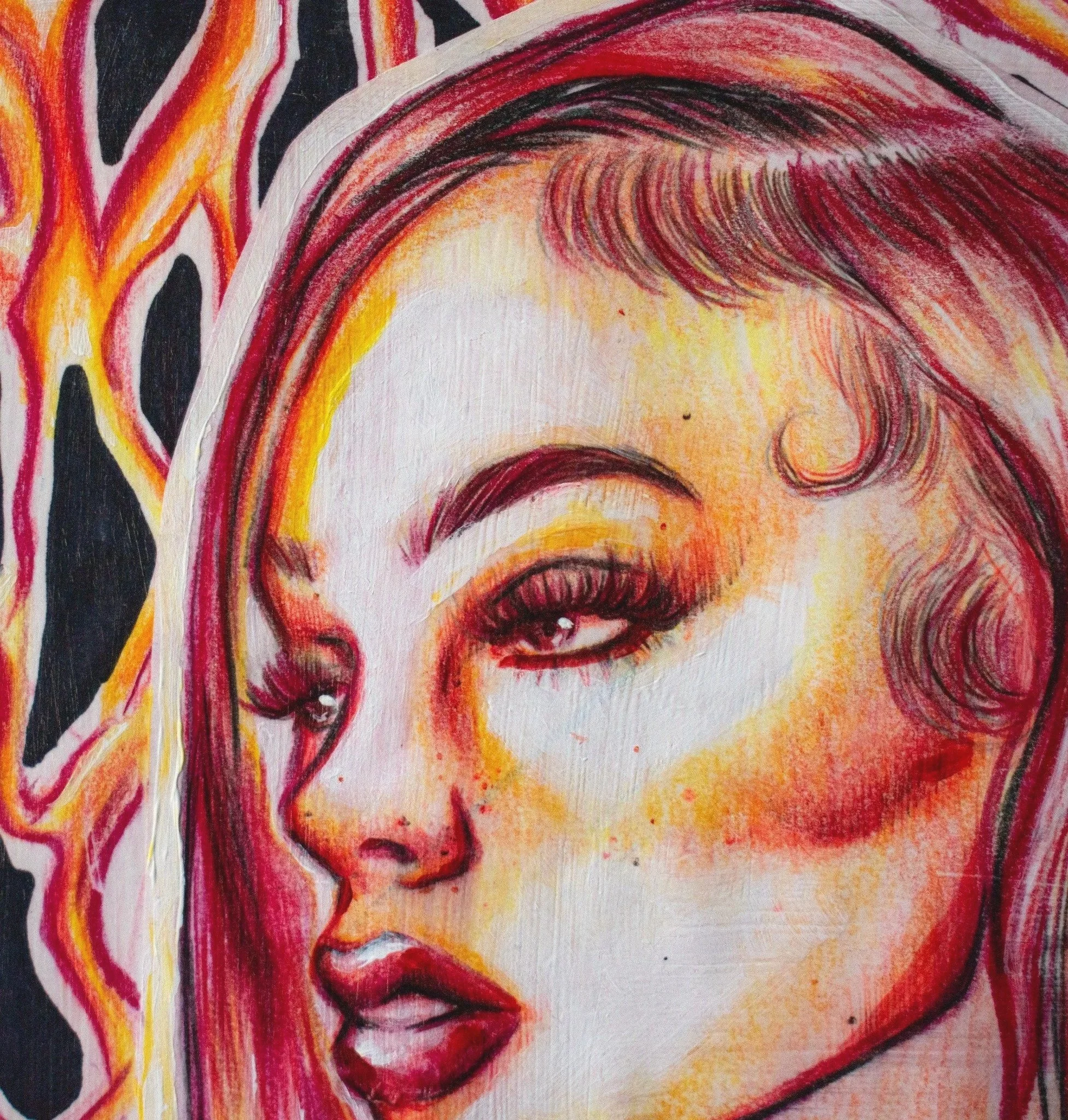 Close-up of a colorful drawing or painting of a person's face, focusing on the eye and hair, with red, yellow, black, and white colors.
