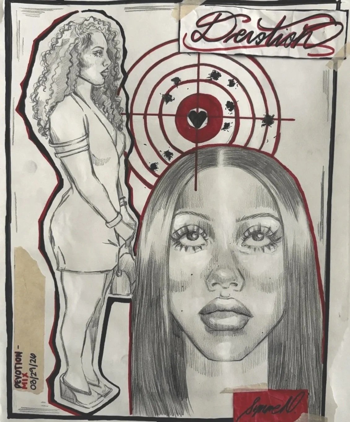 A black and white drawing featuring a side profile of a young woman with curly hair, a large detailed portrait of a woman with straight hair and prominent lips, and a target with a heart at the center and bullet holes around it. The word "Destruction" is written at the top, and there is a red signature at the bottom.