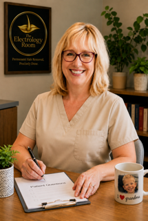 Smiling woman with blonde hair and glasses in medical scrubs sitting at a desk with a clipboard, pen, coffee mug, and a potted plant, in an office with a sign that reads 'Electrology Room' in the background.