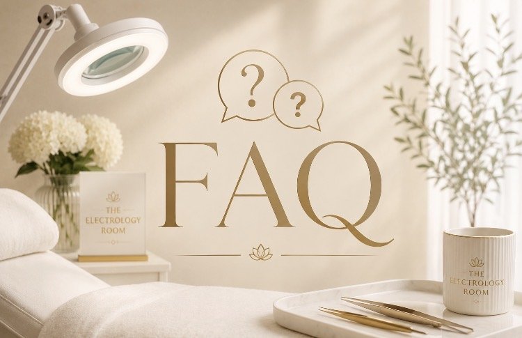 Decorative scene with a large "FAQ" text and speech bubbles with question marks, placed in a room with flowers, a lamp, and a tray with tools, suggesting a beauty or spa setting.
