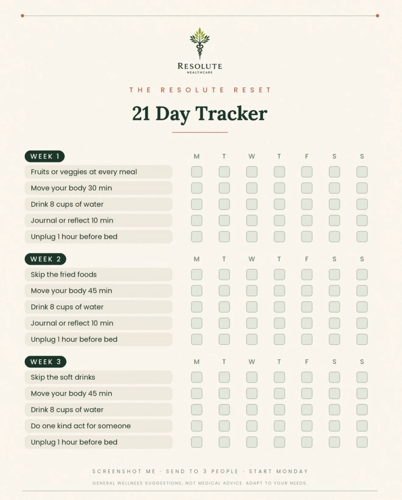 The Resolute Reset 🌿 

21 days &bull; 5 daily habits &bull; mind and body

No extremes, no perfection. Each week shifts just a little: add color to your plate, move a bit more, pour into yourself, and by week three, pour into someone else.

Save the