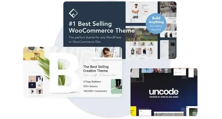 Collage of website screenshots showcasing WooCommerce themes and website builders, including text highlighting best-selling WooCommerce themes, 2-page builders, demos, and customer reviews.