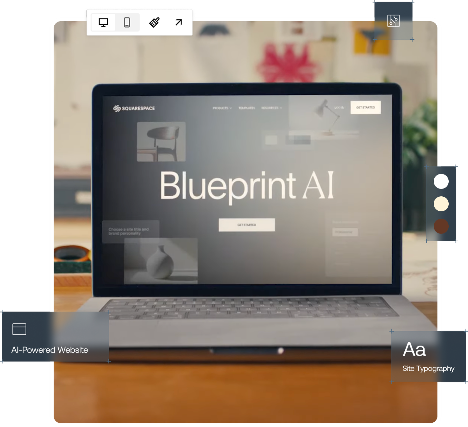 A laptop displaying a website titled "Blueprint AI" on a wooden desk with a blurred background of plants and colorful wall art.