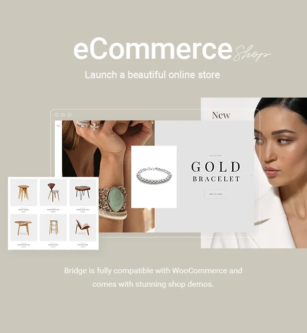 An eCommerce shop display promoting online stores with jewelry and furniture items, including a bracelet, rings, and chairs.