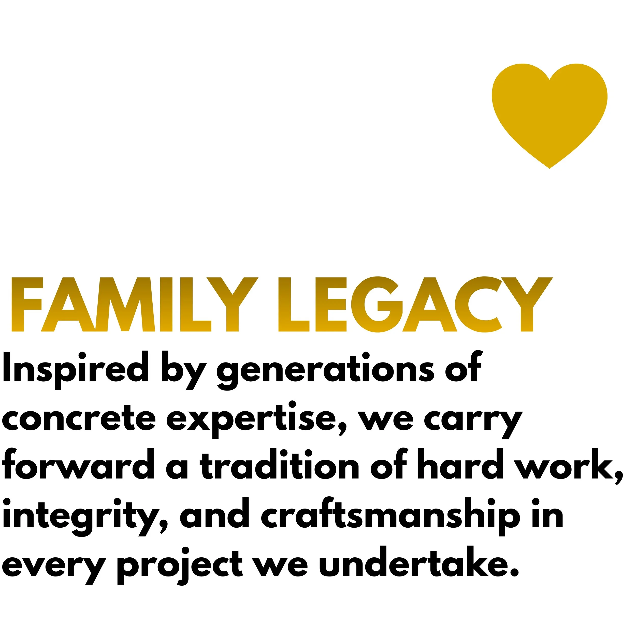 Text with gold heart icon and a partially visible slogan about family legacy and craftsmanship.