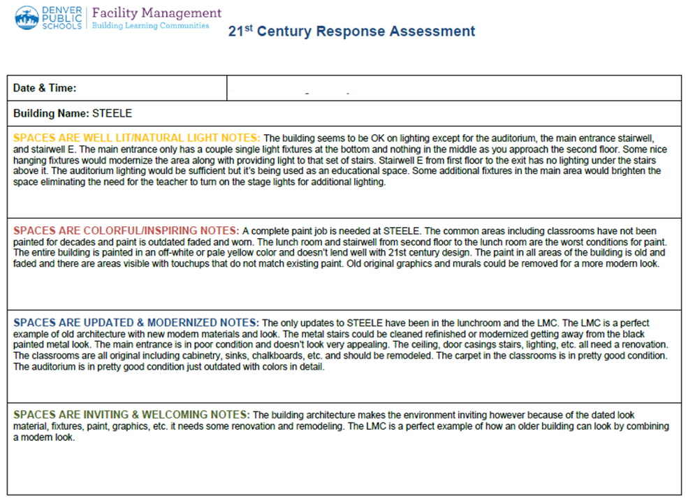 A  MapToTrack custom detailed facility management assessment report for a school building, analyzing lighting, paint, updates, and architecture, with notes on lighting fixtures, paint conditions, modernization, and architectural features
