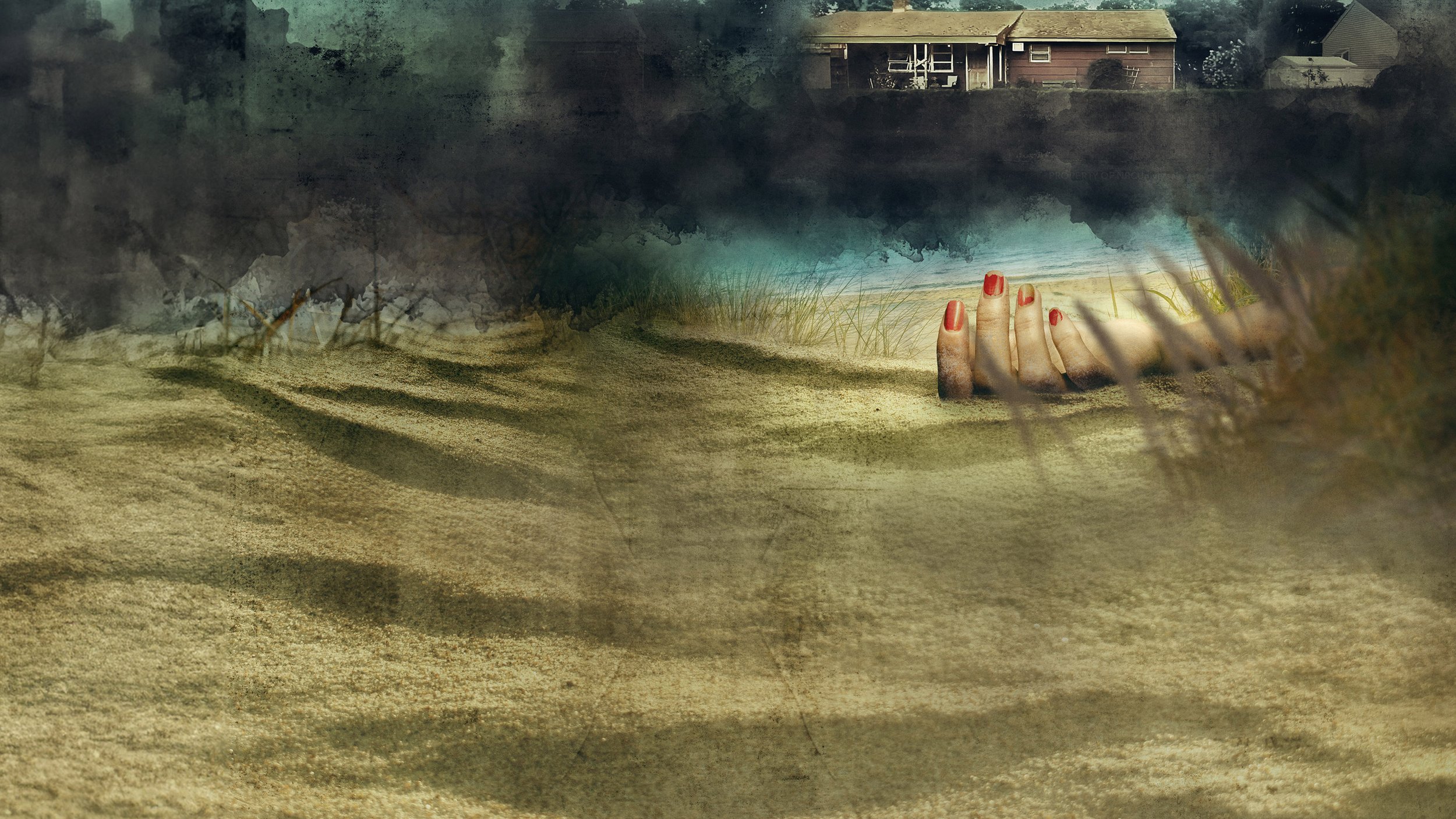 A surreal digital art scene depicting a hand with red nails emerging from sandy terrain, a calm blue body of water, a house on a hill in the distance, and an abstract dark sky with textured clouds.