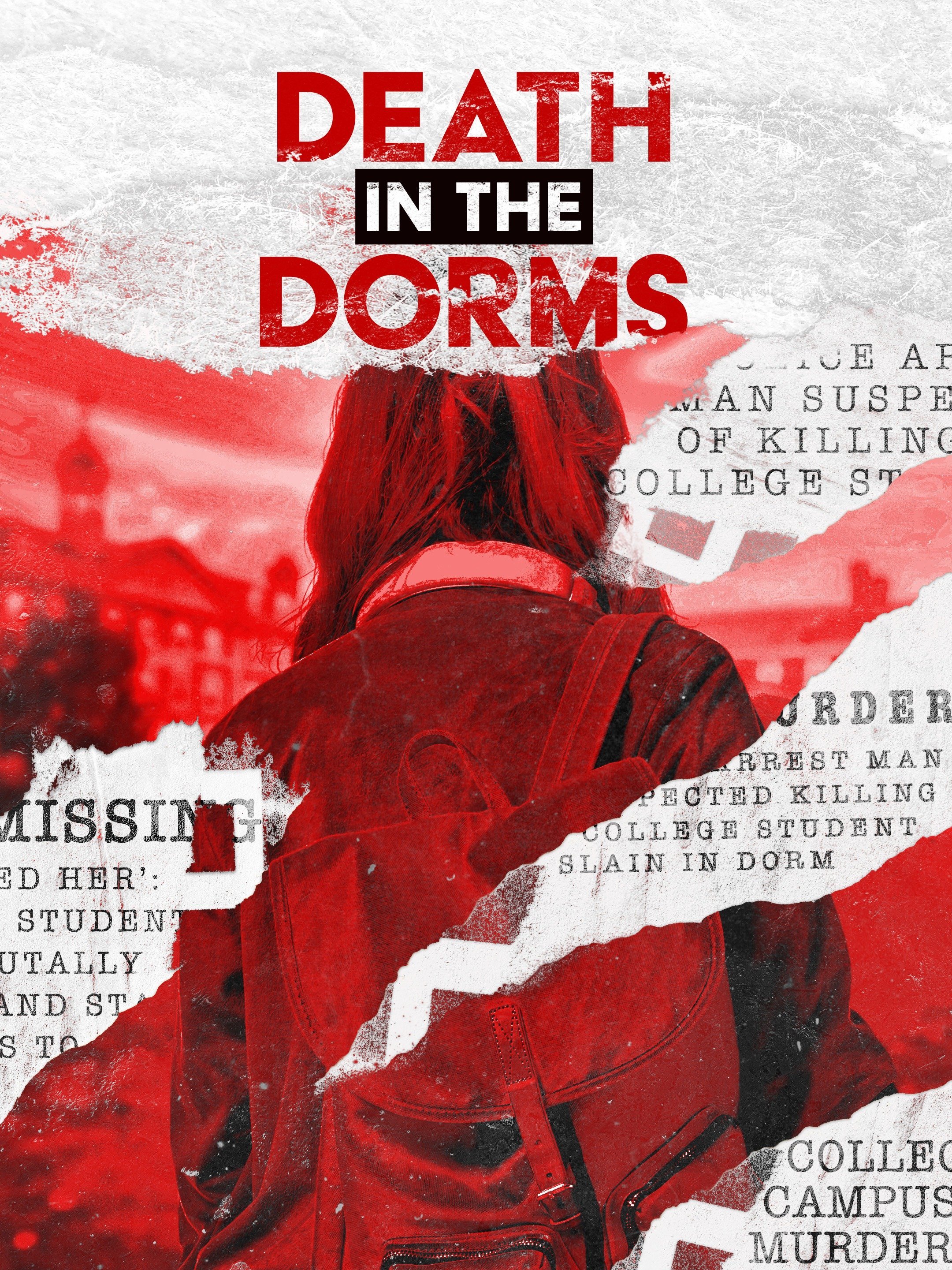 A person with red hair and a red hoodie, seen from the side, against a background with torn newspaper-like layers and bold text reading 'Death in the Dorms'.