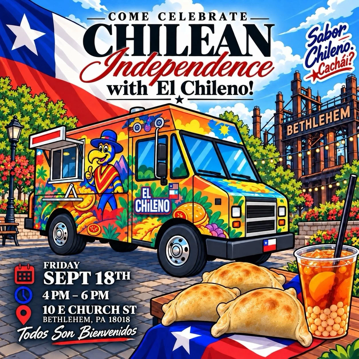 Come celebrate Chilean Independence with El Chileno! 🇨🇱

We&rsquo;ll be at 10 E Church St, Bethlehem, PA 18018 this Friday, September 18th from 4&ndash;6 PM serving up Chilean favorites, empanadas, mote con huesillo and more.

To celebrate, we&rsqu