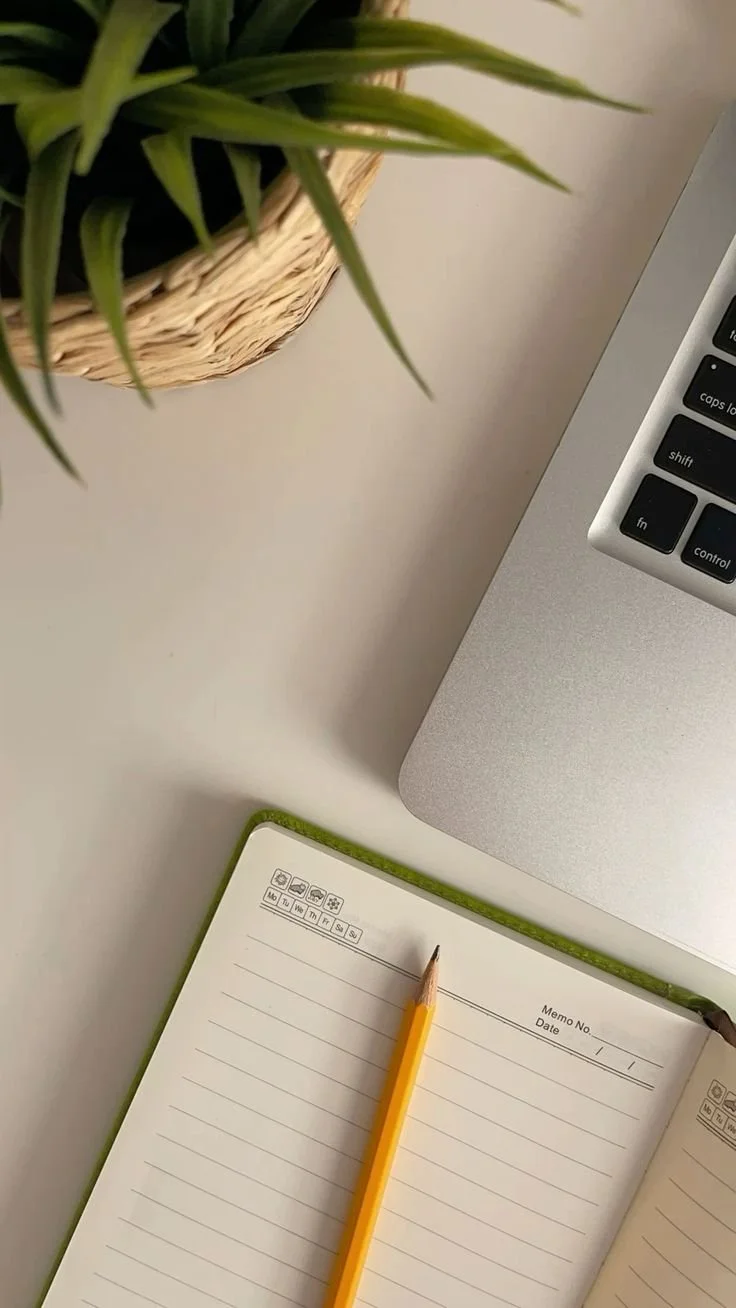 Un bureau avec un pot à plantes, un ordinateur portable et un carnet avec un crayon