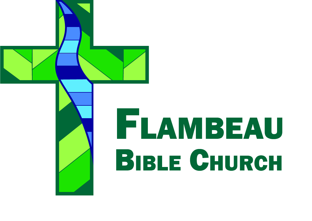 A logo with a multicolored stained glass cross and a river with blue and light blue colors. Text reads "Flambeau Bible Church" in green.