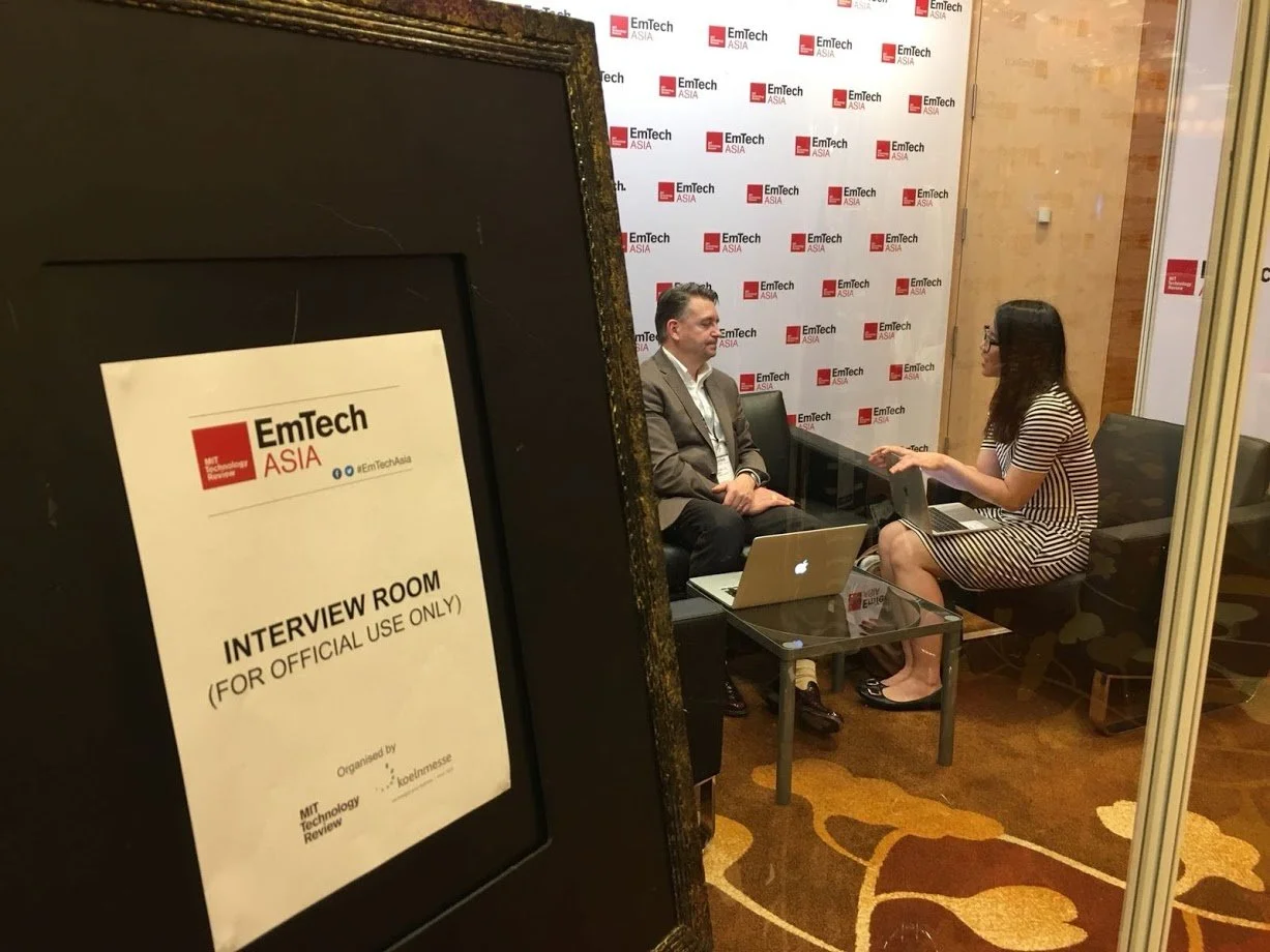 Pinpoint PR organised interviews MIT Technology Review's EmTech Asia conferences. A sign indicates it's an interview room for official use at an EmTech Asia event, organised by Koelnmesse in Singapore.