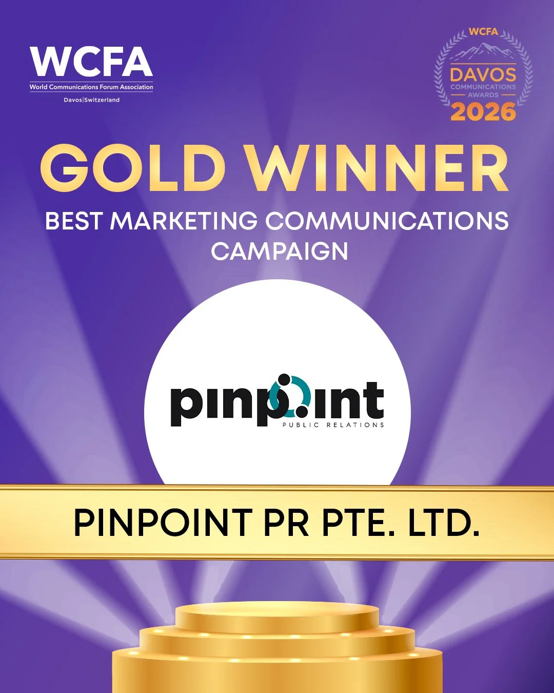 Award certificate for Gold Winner in Best Marketing Communications Campaign at the 2026 Davos Communications Awards, presented to Pinpoint PR Pte. Ltd., with a purple background, gold accents, and a podium at the bottom.