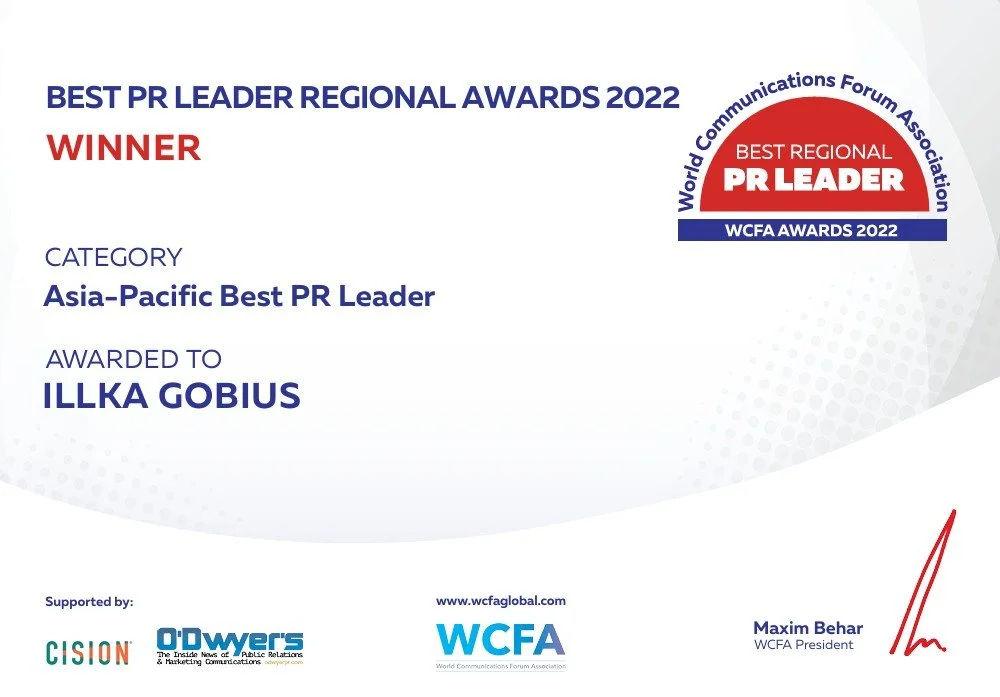 Certificate of award for Best PR Leader Regional Award 2022, awarded to Illka Gobius in the Asia-Pacific Best PR Leader category, presented by the World Communications Forum Association.