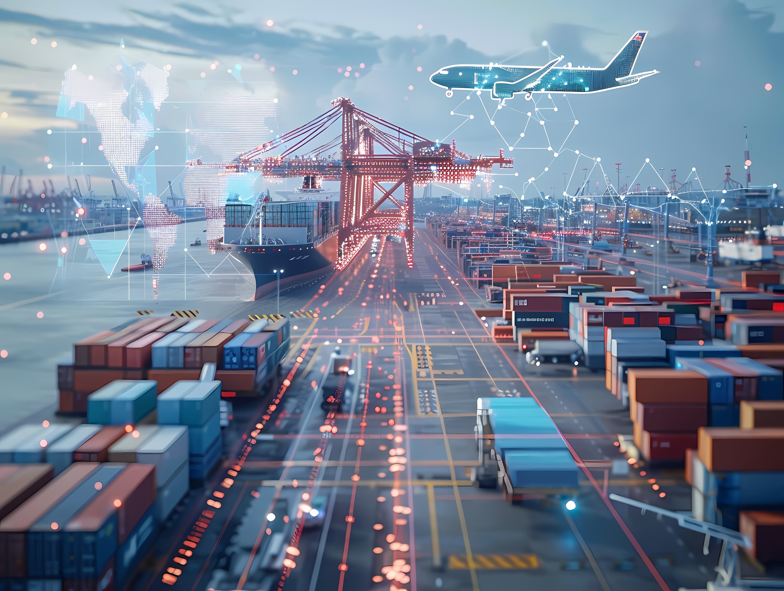 Digital illustration of a port with containers and a large cargo ship, overlaid with futuristic holographic displays, a world map, and connected lines, with an airplane flying above.