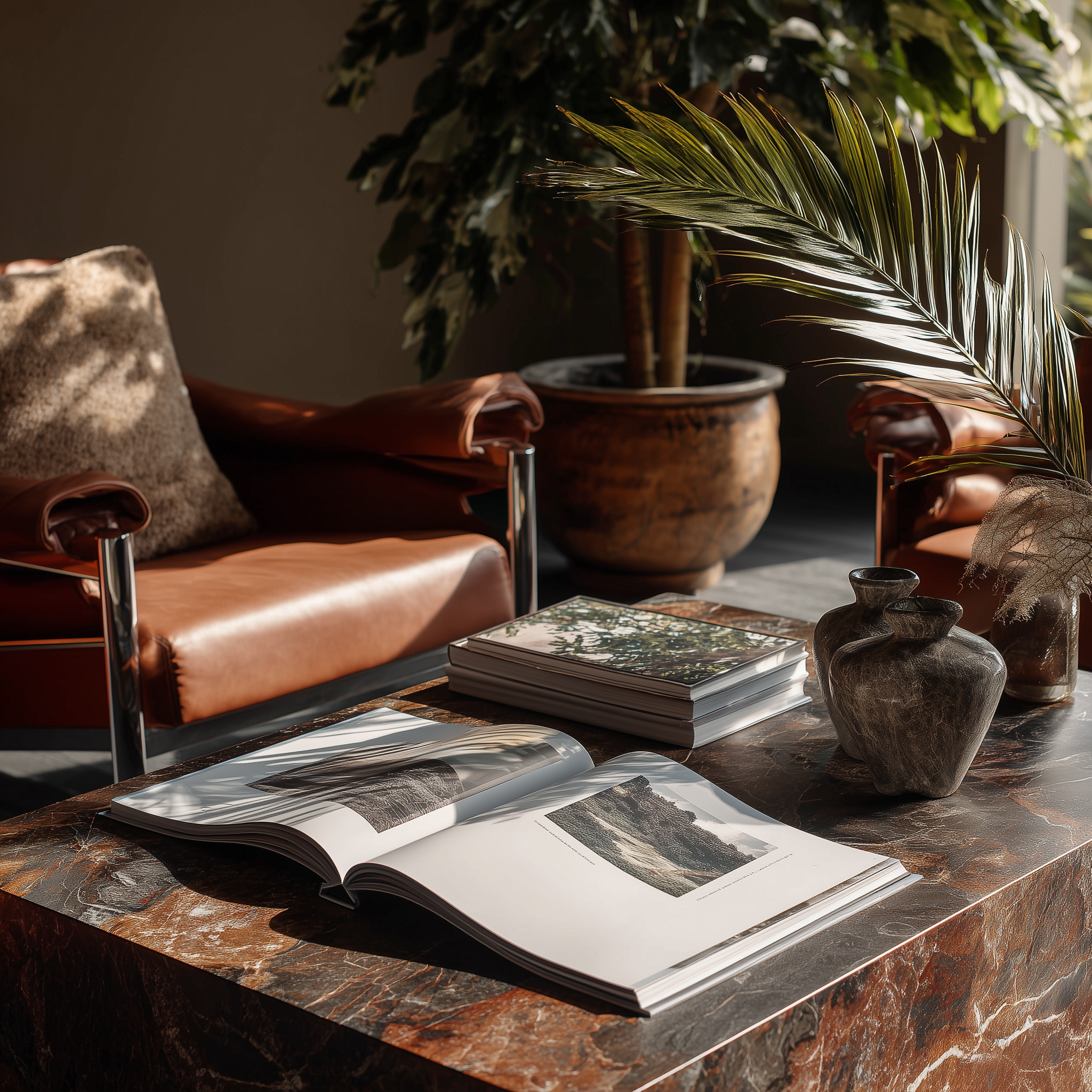 Open coffee table book with large images of nature scenes, placed on a rustic wooden table with a textured vase nearby. In the background, there are several potted plants with green leaves and a soft natural light.