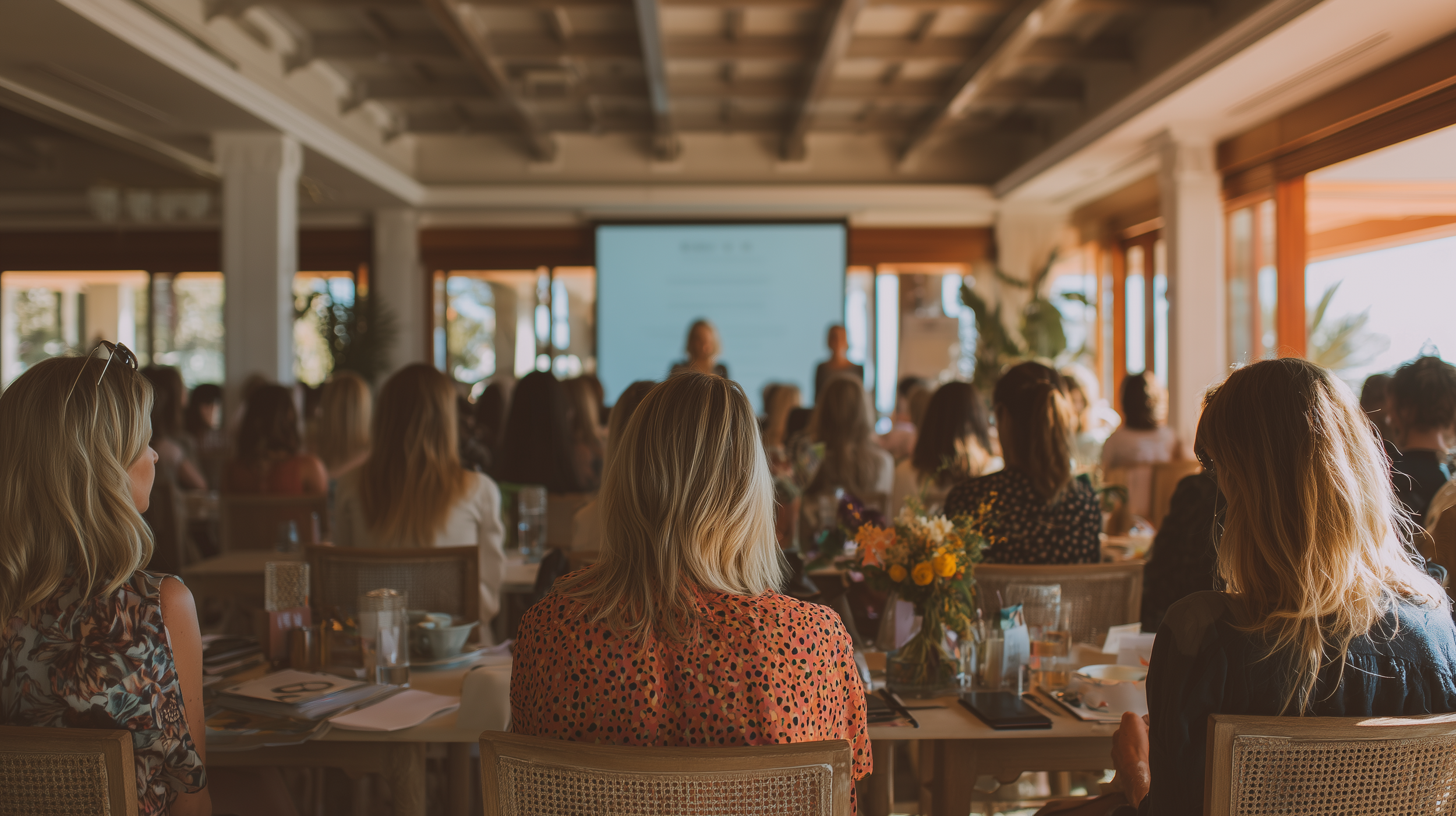 Women attending a presentation or conference in a bright, airy room with large windows, sitting at tables with flowers, with a speaker and slides projected on a screen at the front.