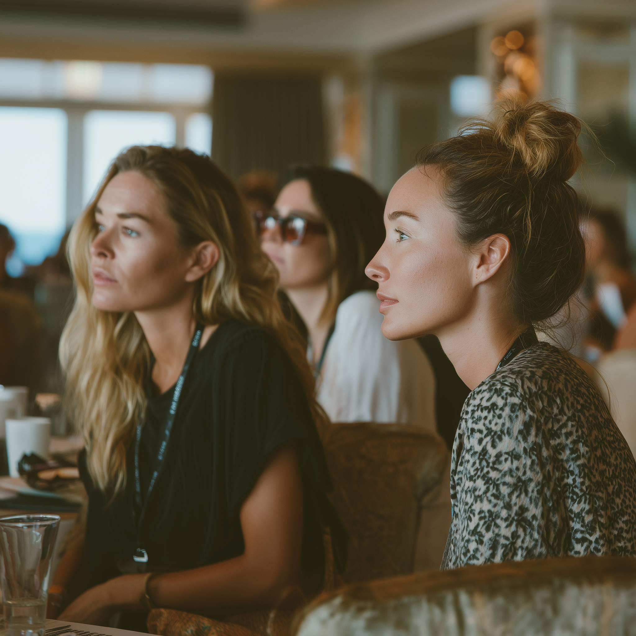 Multiple women with diverse hair styles seated closely at a table, participating in an indoor event or meeting.